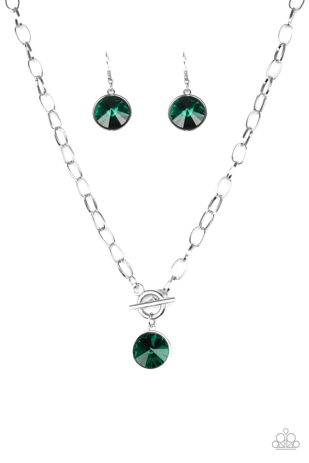 She Sparkles On Silver and Green Rhinestone Necklace - Paparazzi Accessories-CarasShop.com - $5 Jewelry by Cara Jewels