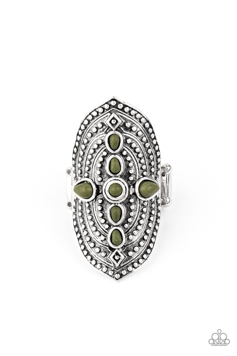 Shield In Place Green Stone Ring - Paparazzi Accessories - lightbox -CarasShop.com - $5 Jewelry by Cara Jewels