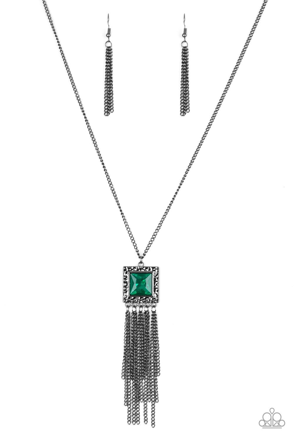 Shimmer Sensei Gunmetal and Green Gem Necklace - Paparazzi Accessories-CarasShop.com - $5 Jewelry by Cara Jewels