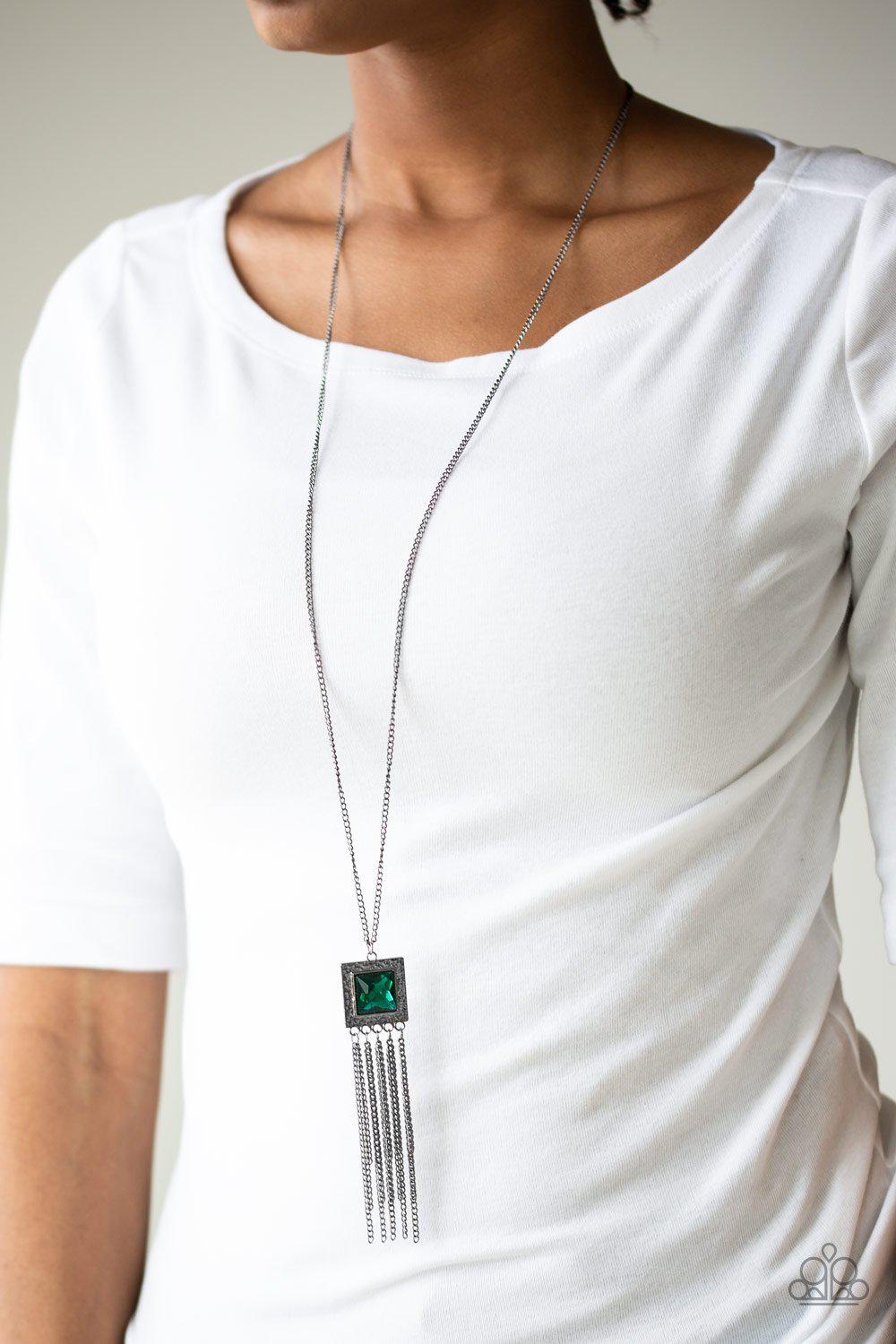 Shimmer Sensei Gunmetal and Green Gem Necklace - Paparazzi Accessories-CarasShop.com - $5 Jewelry by Cara Jewels