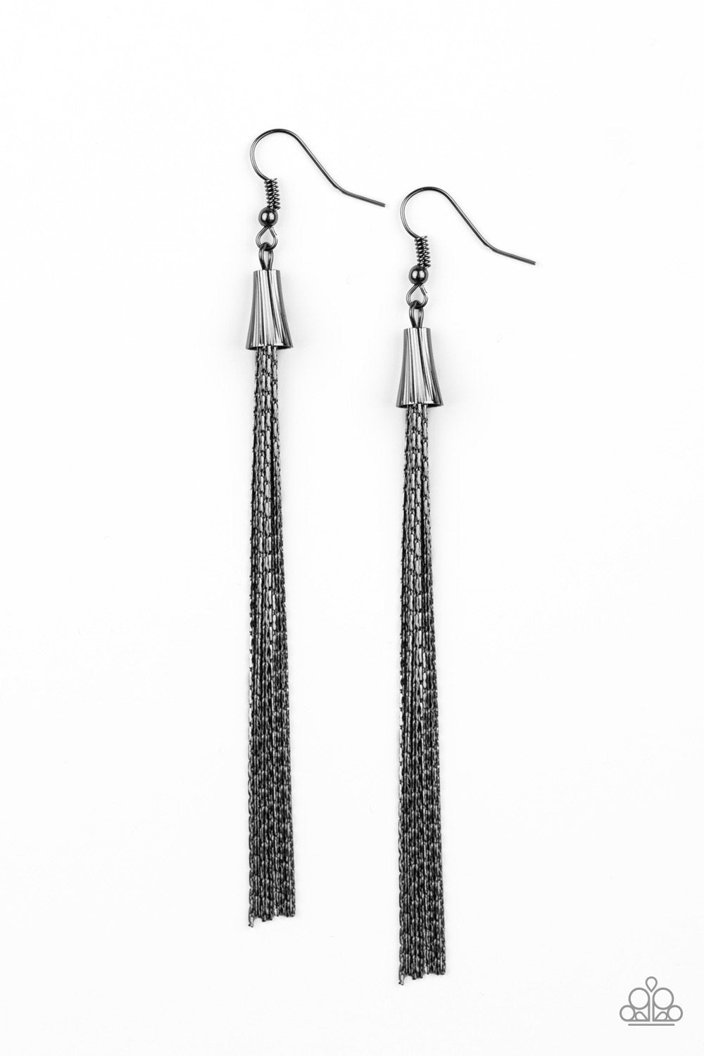 Shimmery Streamers Gunmetal Black Chain Tassel Earrings - Paparazzi Accessories LOTP Exclusive July 2020-CarasShop.com - $5 Jewelry by Cara Jewels