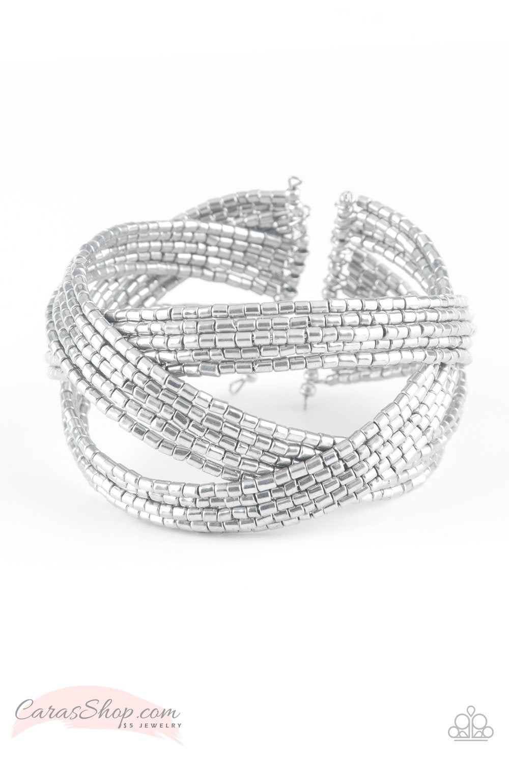 Shooting Stars Silver Seed Bead Cuff Bracelet - Paparazzi Accessories-CarasShop.com - $5 Jewelry by Cara Jewels