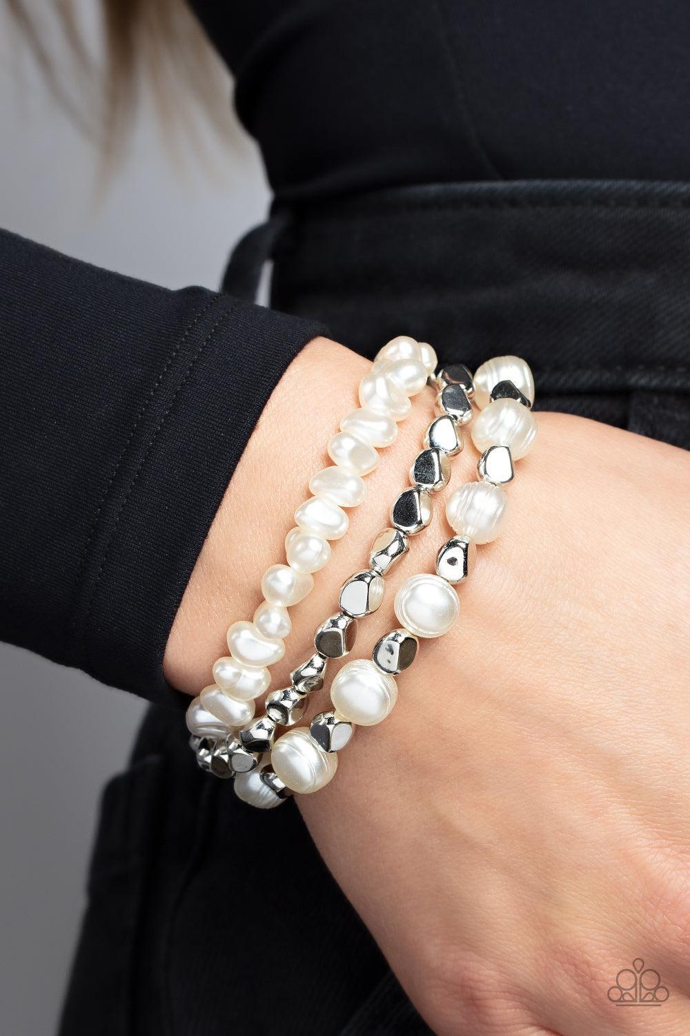 Shoreside Soiree White Pearl Bracelet - Paparazzi Accessories-on model - CarasShop.com - $5 Jewelry by Cara Jewels