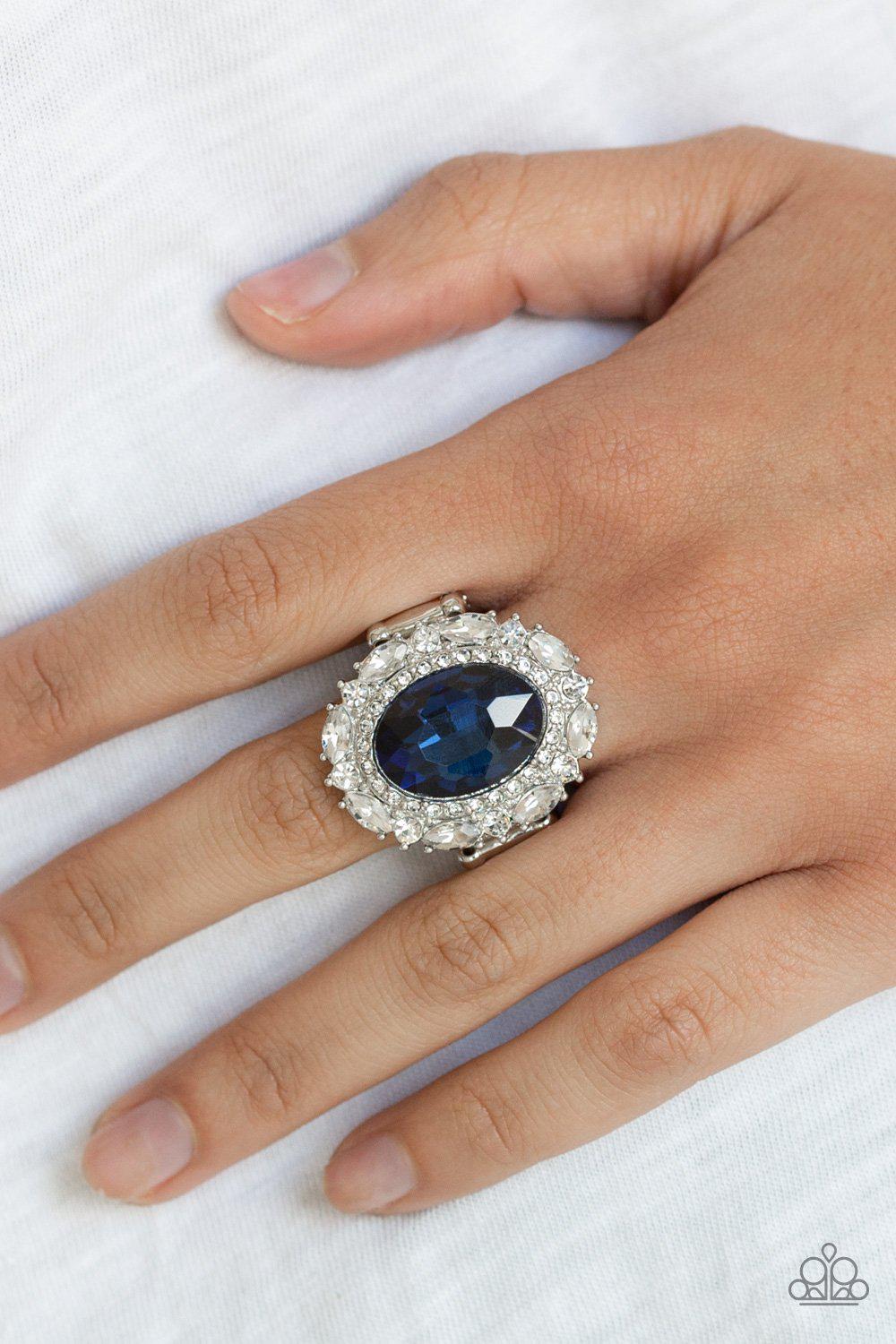 Show Glam Blue and White Rhinestone Ring - Paparazzi Accessories-CarasShop.com - $5 Jewelry by Cara Jewels