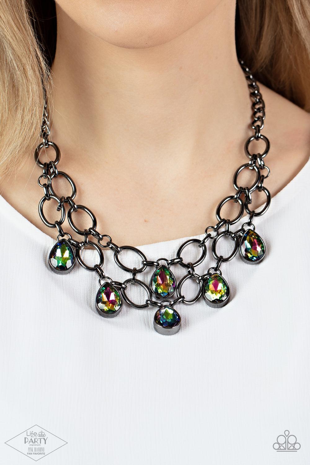 Show-Stopping Shimmer Multi Oil Spill Rhinestone Necklace - Paparazzi Accessories-on model - CarasShop.com - $5 Jewelry by Cara Jewels