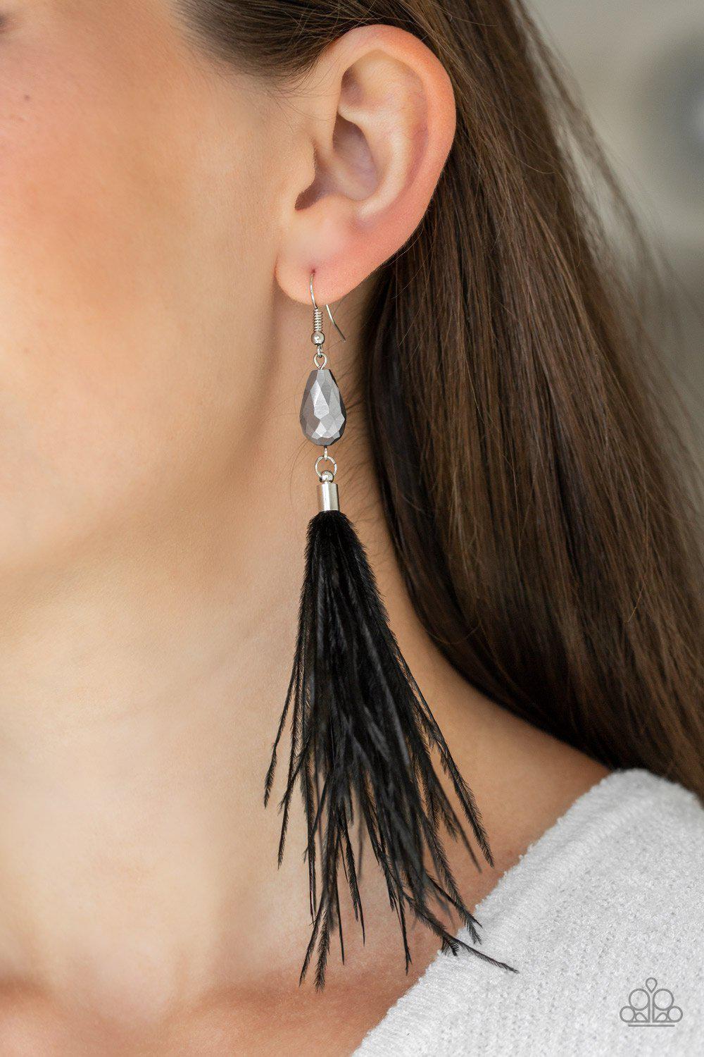 Showgirl Showcase Black Feather Earrings - Paparazzi Accessories-CarasShop.com - $5 Jewelry by Cara Jewels