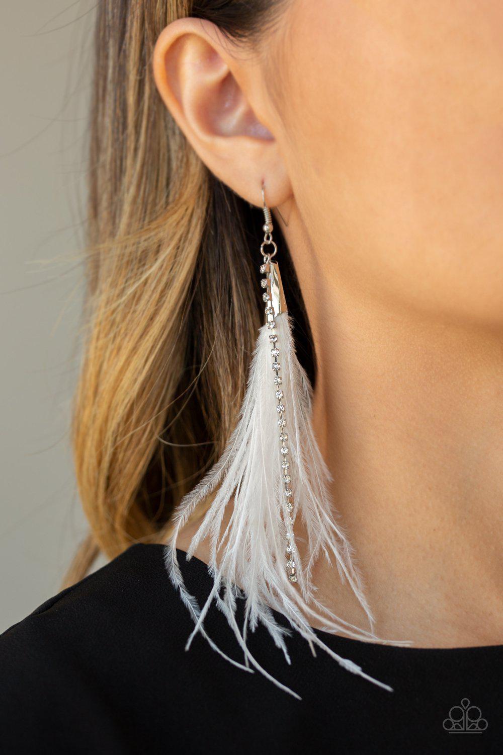 Showstopping Showgirl White Feather Earrings - Paparazzi Accessories-CarasShop.com - $5 Jewelry by Cara Jewels