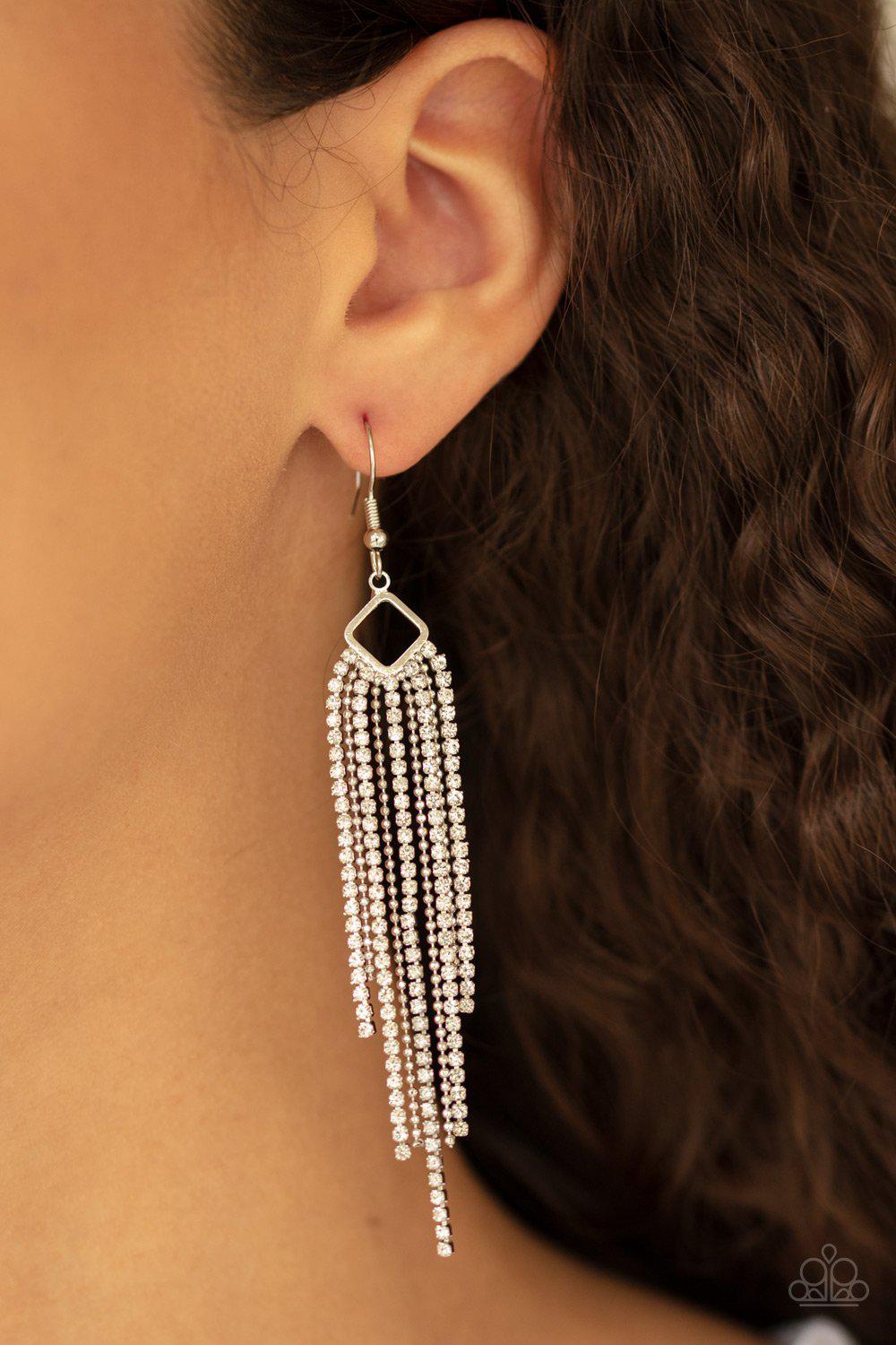 Singing in the REIGN White Rhinestone and Silver Chain Earrings - Paparazzi Accessories-CarasShop.com - $5 Jewelry by Cara Jewels