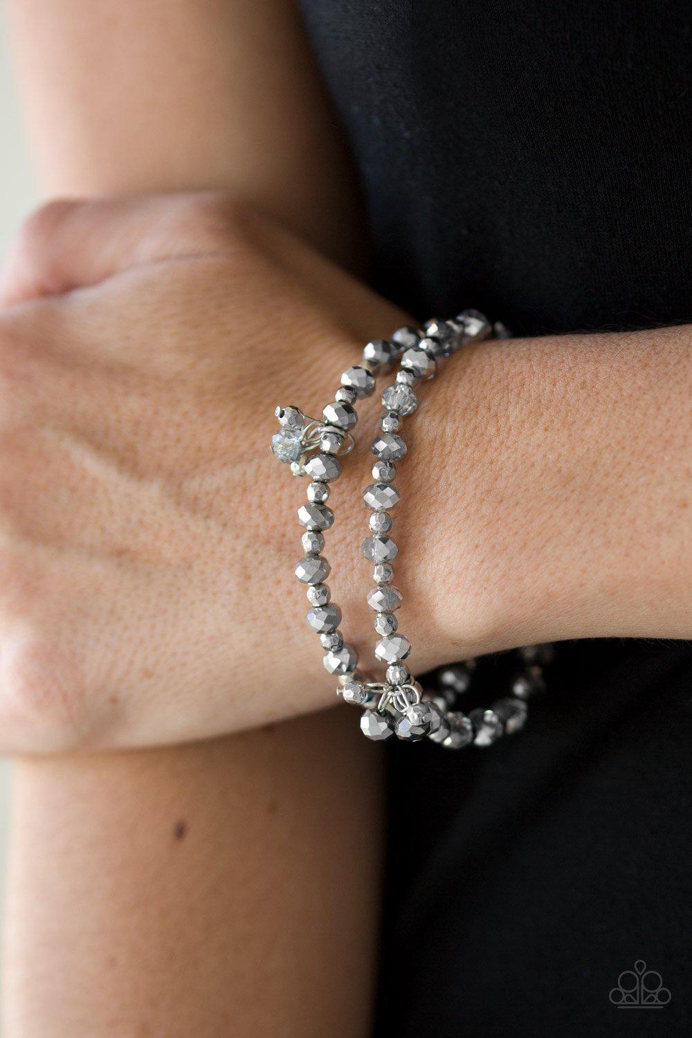 Sink or Shimmer Silver Smoky Crystal Stretch Bracelet Set - Paparazzi Accessories-CarasShop.com - $5 Jewelry by Cara Jewels