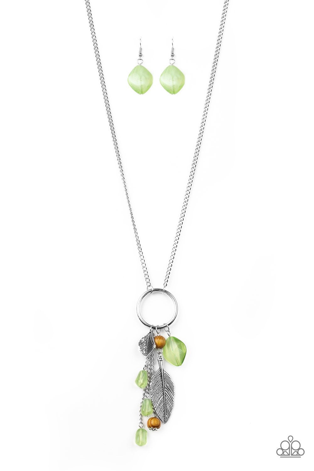 Sky High Style Green and Silver Feather Charm Necklace - Paparazzi Accessories-CarasShop.com - $5 Jewelry by Cara Jewels