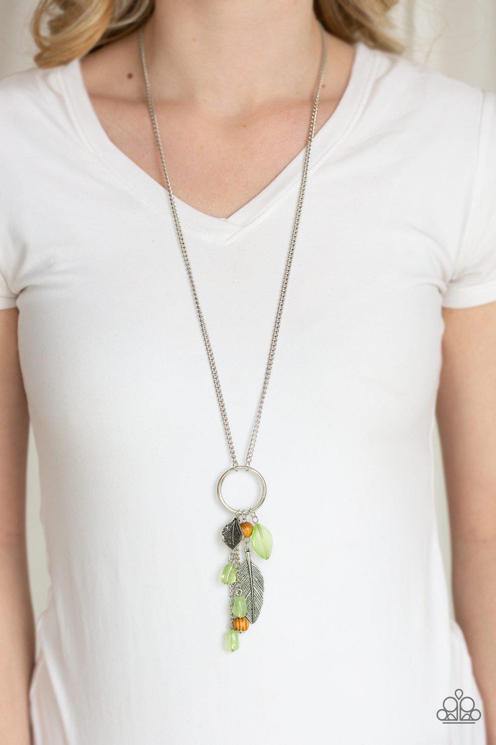 Sky High Style Green and Silver Feather Charm Necklace - Paparazzi Accessories-CarasShop.com - $5 Jewelry by Cara Jewels