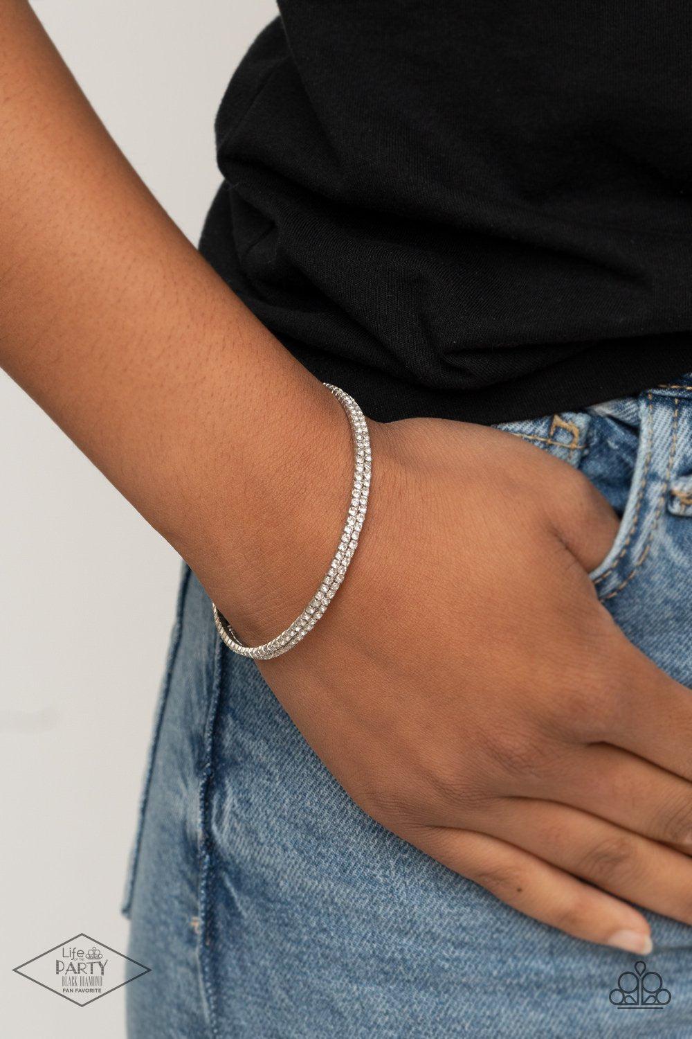 Sleek Sparkle White Rhinestone Coil Bracelet - Paparazzi Accessories- model - CarasShop.com - $5 Jewelry by Cara Jewels