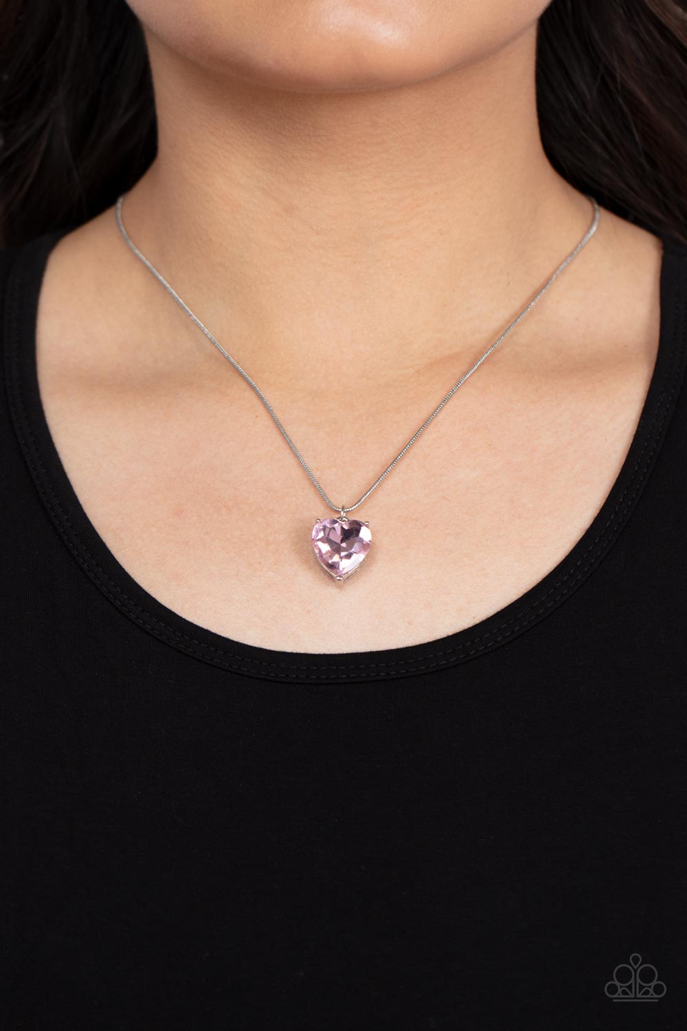 Smitten with Style Pink Rhinestone Heart Necklace - Paparazzi Accessories-on model - CarasShop.com - $5 Jewelry by Cara Jewels