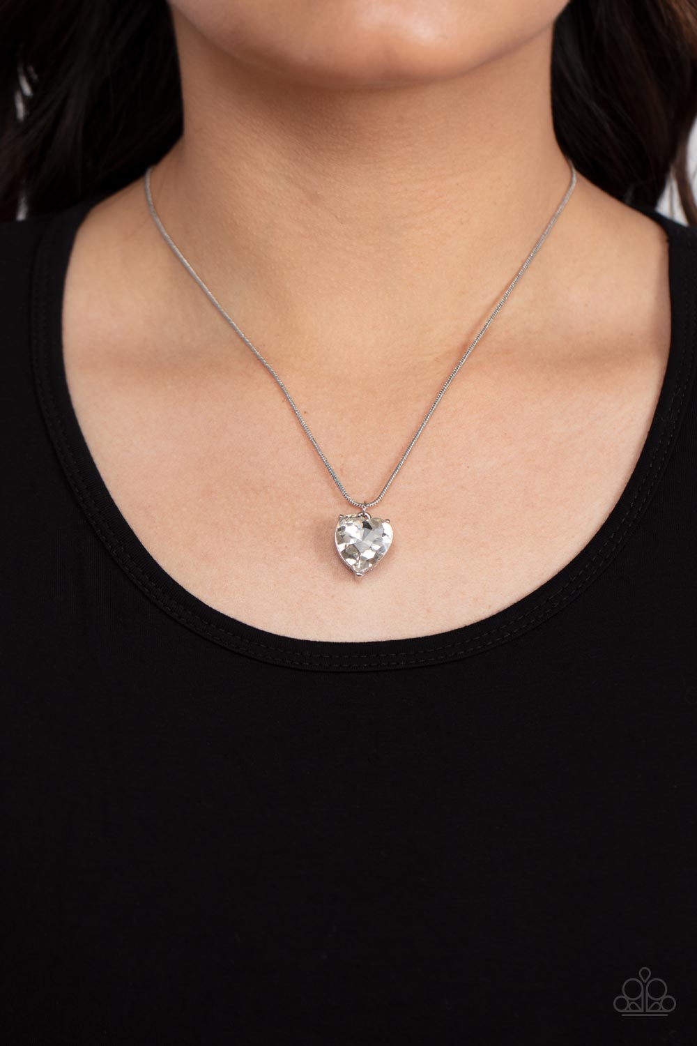 Smitten with Style White Rhinestone Heart Necklace - Paparazzi Accessories-on model - CarasShop.com - $5 Jewelry by Cara Jewels