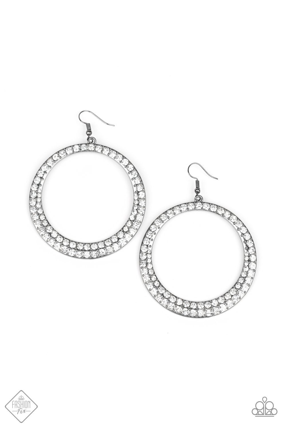 So Demanding Black Gunmetal and White Rhinestone Hoop Earrings - Paparazzi Accessories-CarasShop.com - $5 Jewelry by Cara Jewels