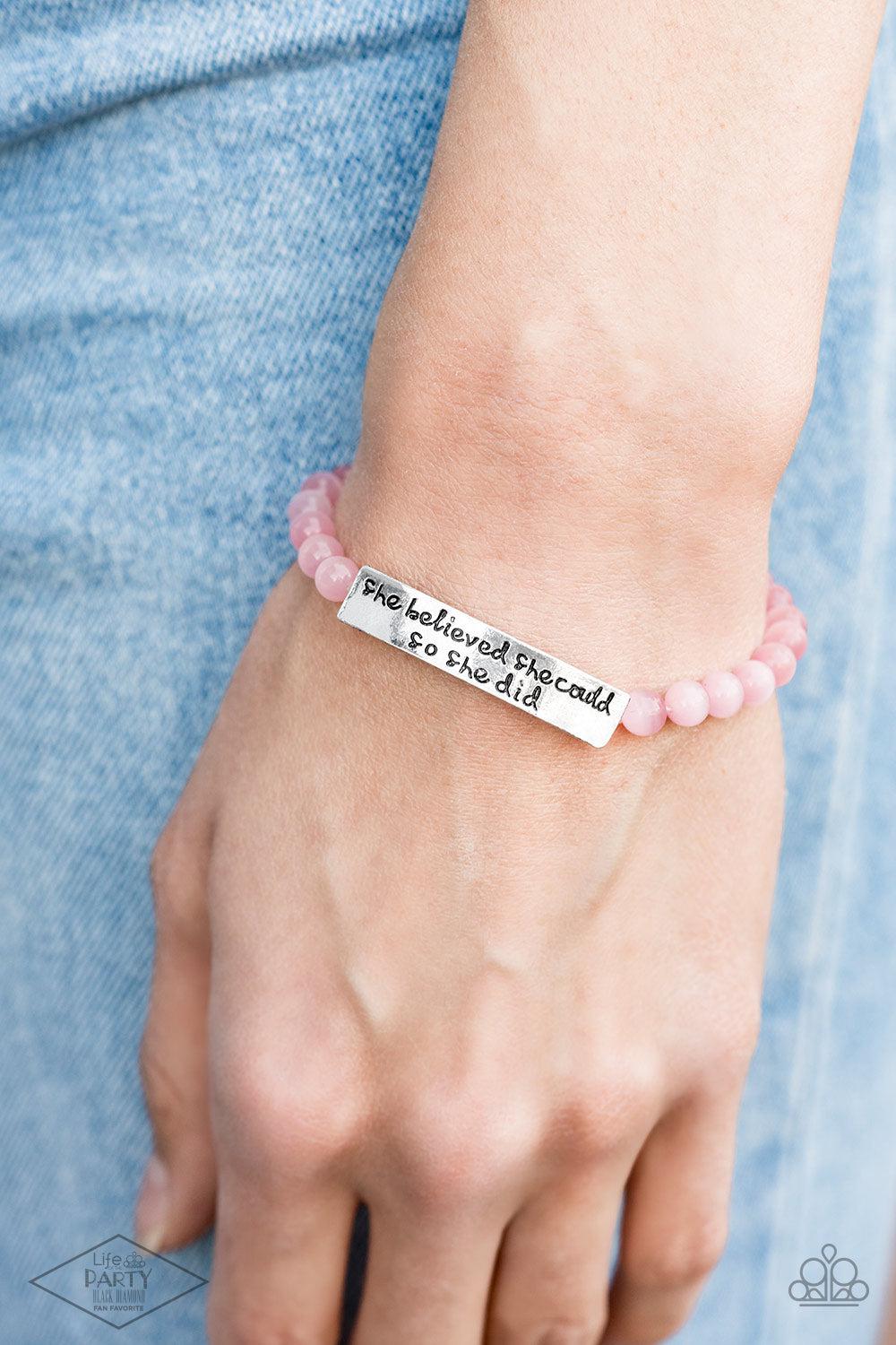 So She Did Inspirational Pink Cat&#39;s Eye Stone Bracelet - Paparazzi Accessories- on model - CarasShop.com - $5 Jewelry by Cara Jewels