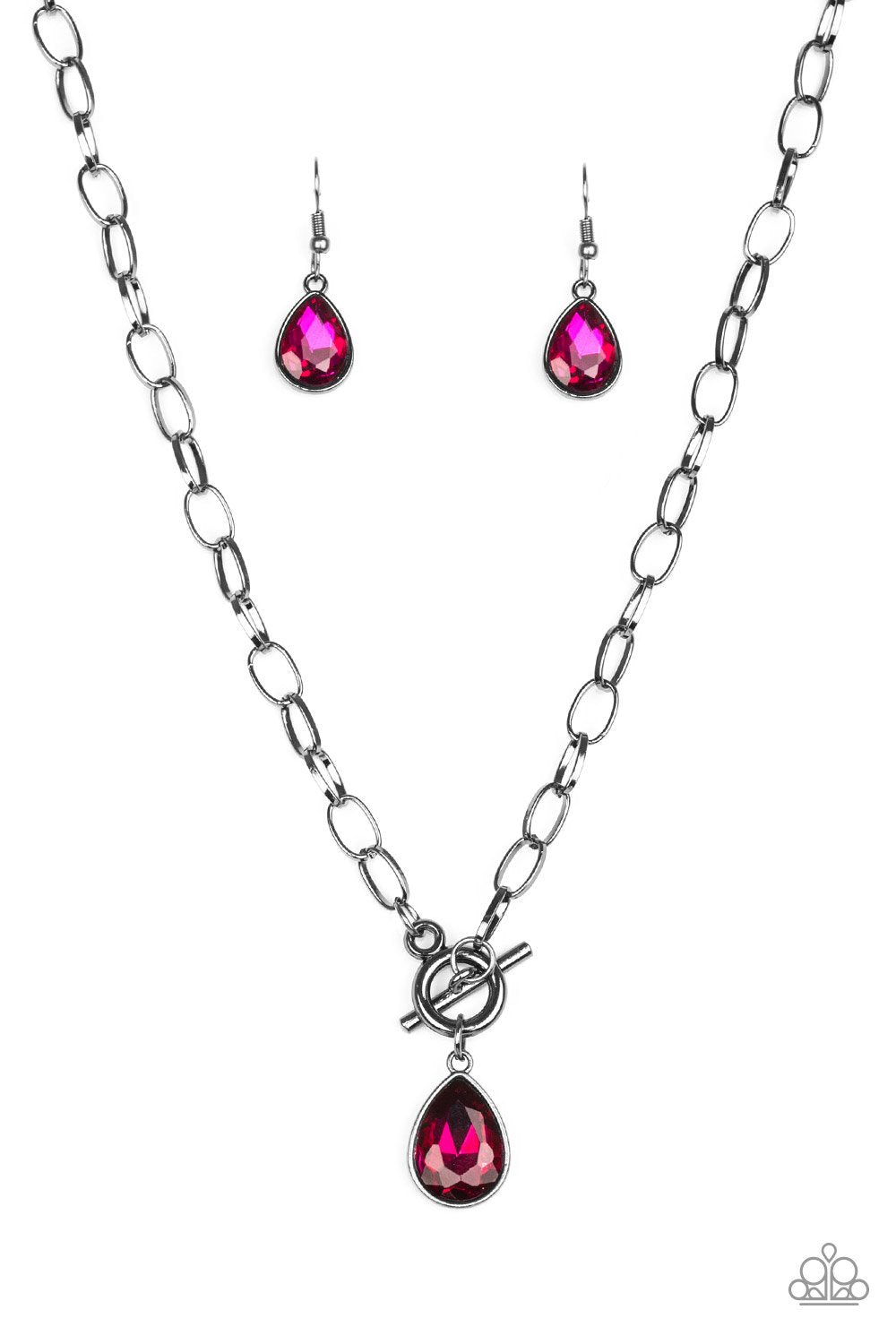 So Sorority Gunmetal and Pink Gem Necklace - Paparazzi Accessories-CarasShop.com - $5 Jewelry by Cara Jewels