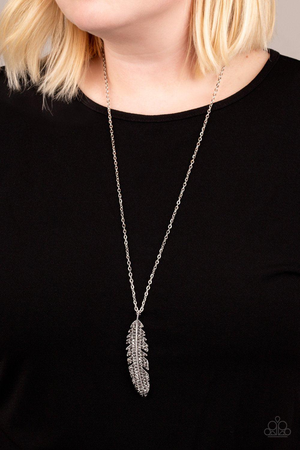 Soaring High Silver and Hematite Rhinestone Feather Necklace - Paparazzi Accessories-CarasShop.com - $5 Jewelry by Cara Jewels