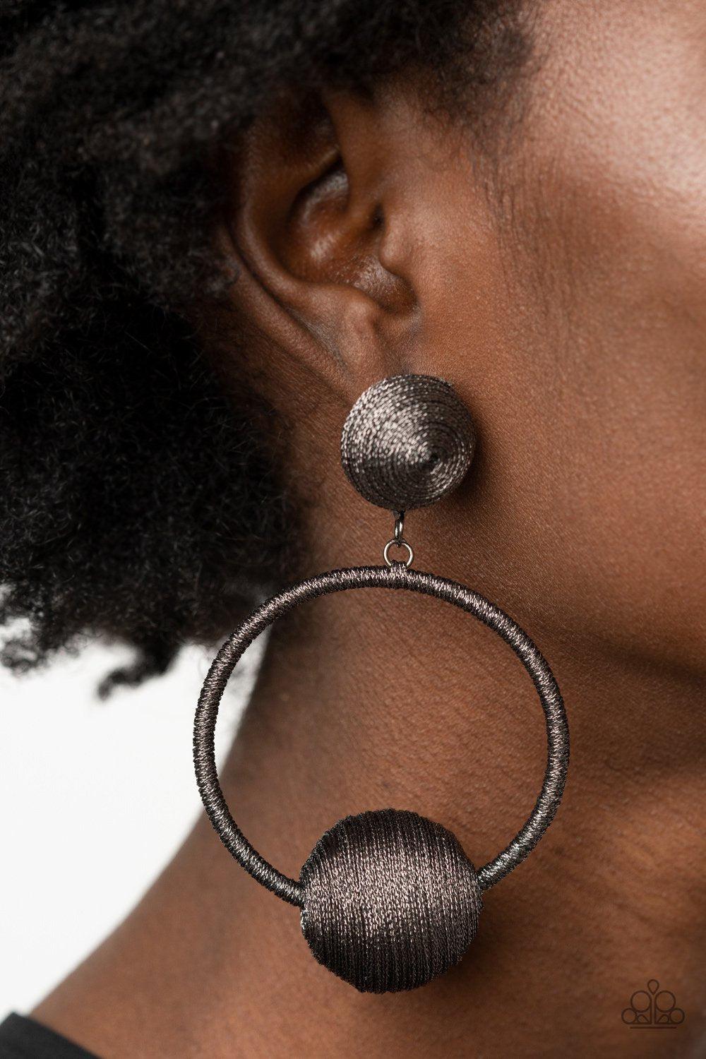 Social Sphere Black Earrings - Paparazzi Accessories LOTP Exclusive April 2021- model - CarasShop.com - $5 Jewelry by Cara Jewels
