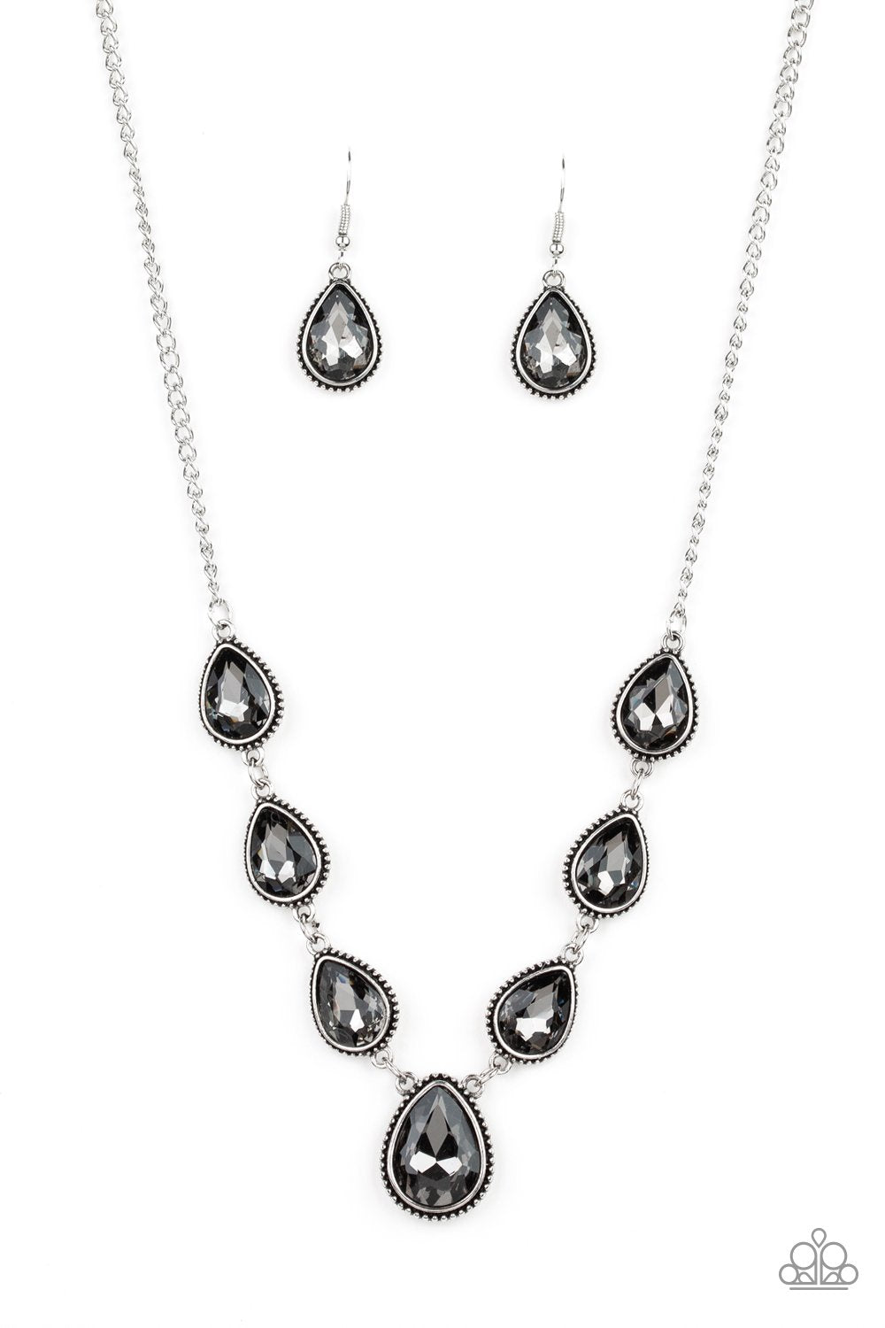 Socialite Social Silver and Smoky Teardrop Gem Necklace - Paparazzi Accessories-CarasShop.com - $5 Jewelry by Cara Jewels