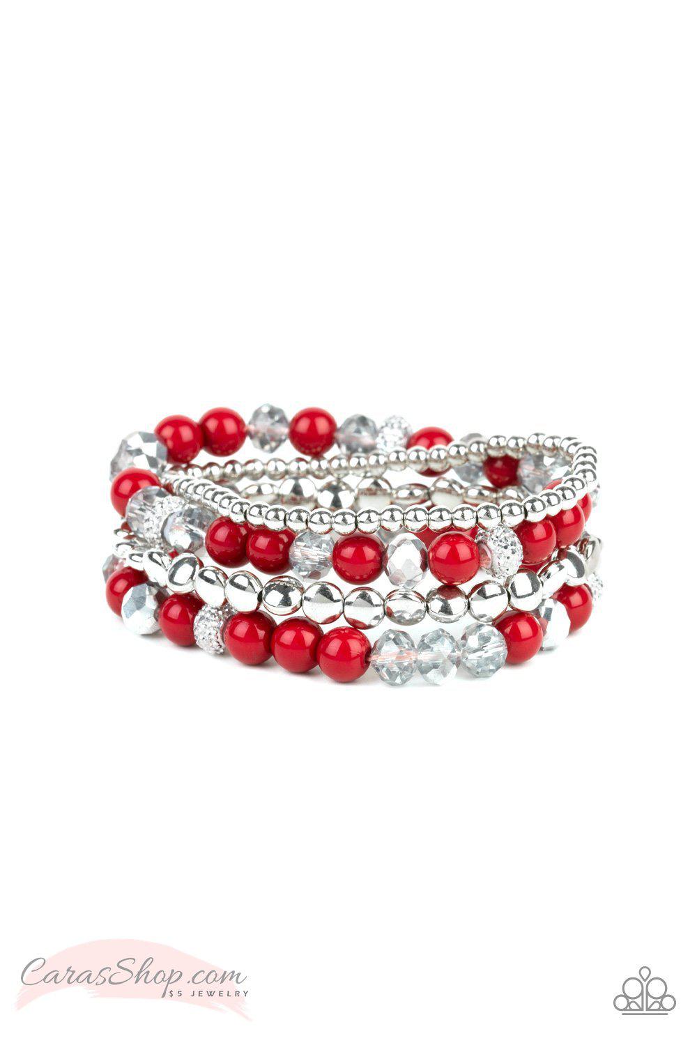 Socialize Red Stretch Bracelet Set - Paparazzi Accessories-CarasShop.com - $5 Jewelry by Cara Jewels
