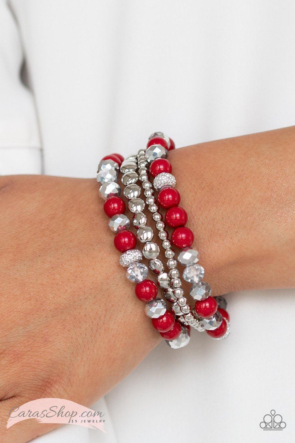 Socialize Red Stretch Bracelet Set - Paparazzi Accessories-CarasShop.com - $5 Jewelry by Cara Jewels