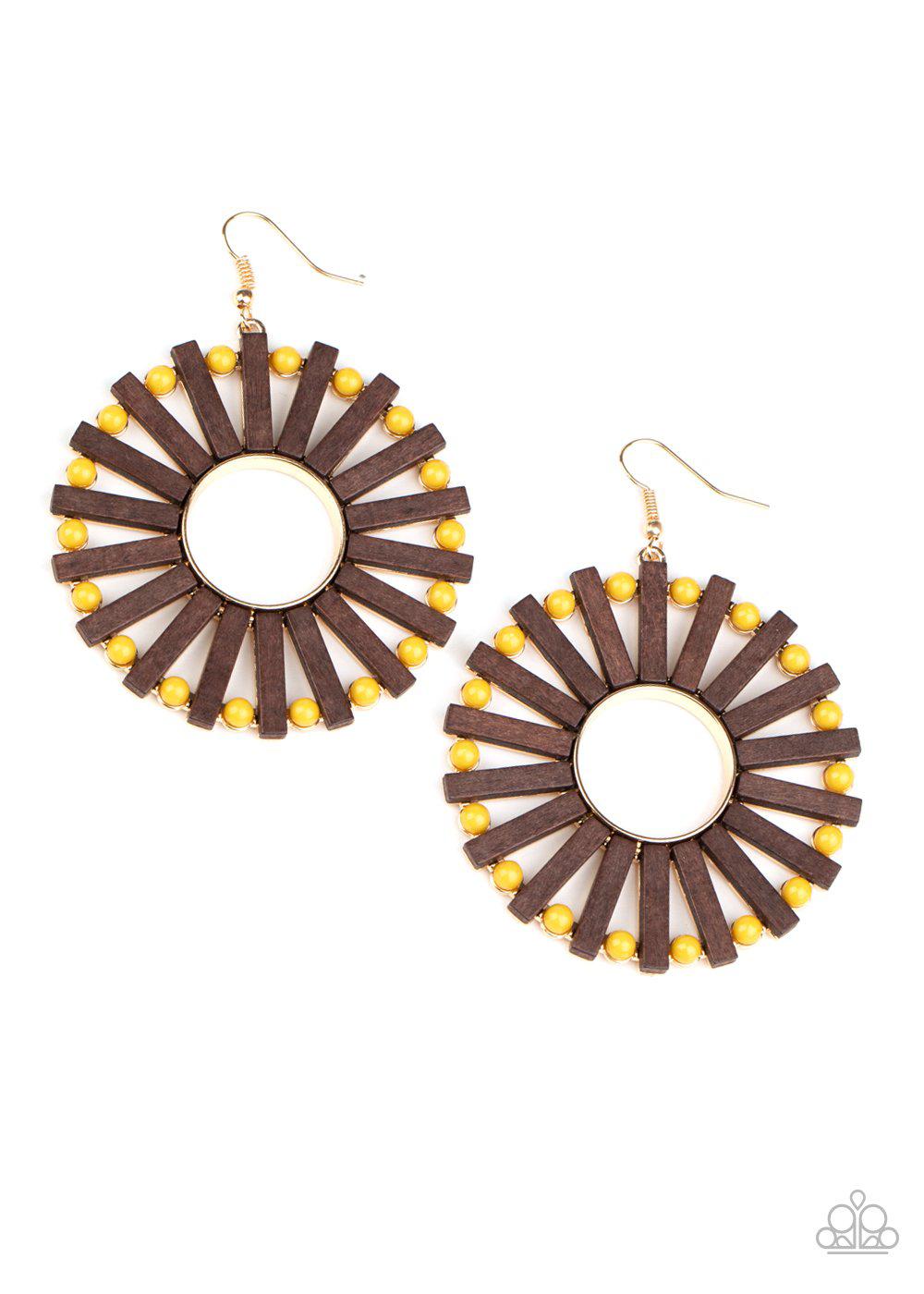 Solar Flare Yellow and Brown Wood Earrings - Paparazzi Accessories - lightbox -CarasShop.com - $5 Jewelry by Cara Jewels