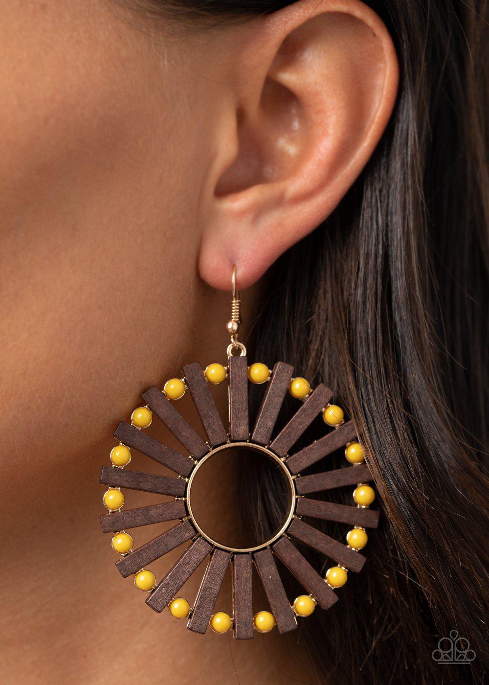Solar Flare Yellow and Brown Wood Earrings - Paparazzi Accessories - model -CarasShop.com - $5 Jewelry by Cara Jewels