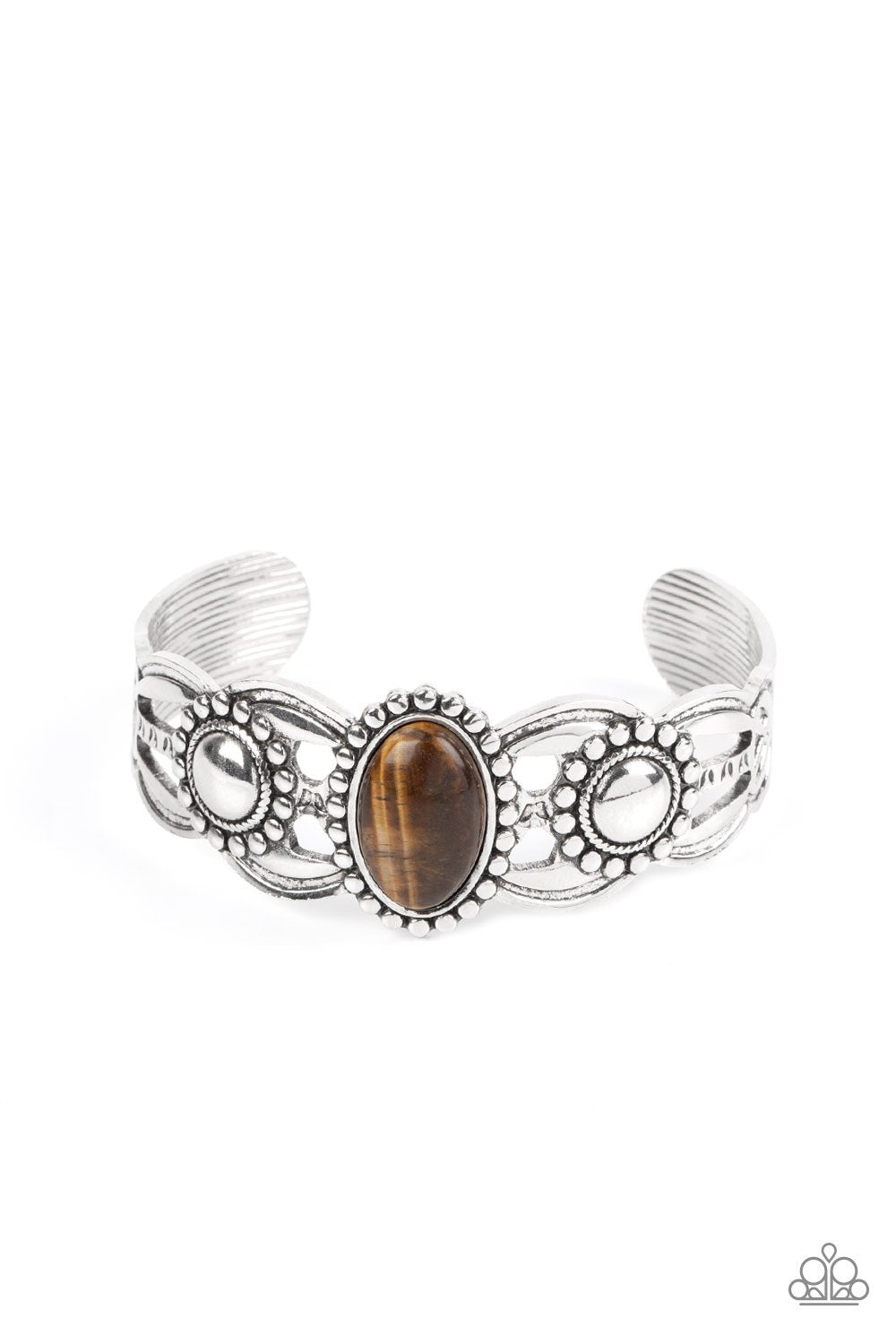 Solar Solstice Brown Tiger&#39;s Eye Stone and Silver Cuff Bracelet - Paparazzi Accessories 2021 Convention Exclusive- lightbox - CarasShop.com - $5 Jewelry by Cara Jewels