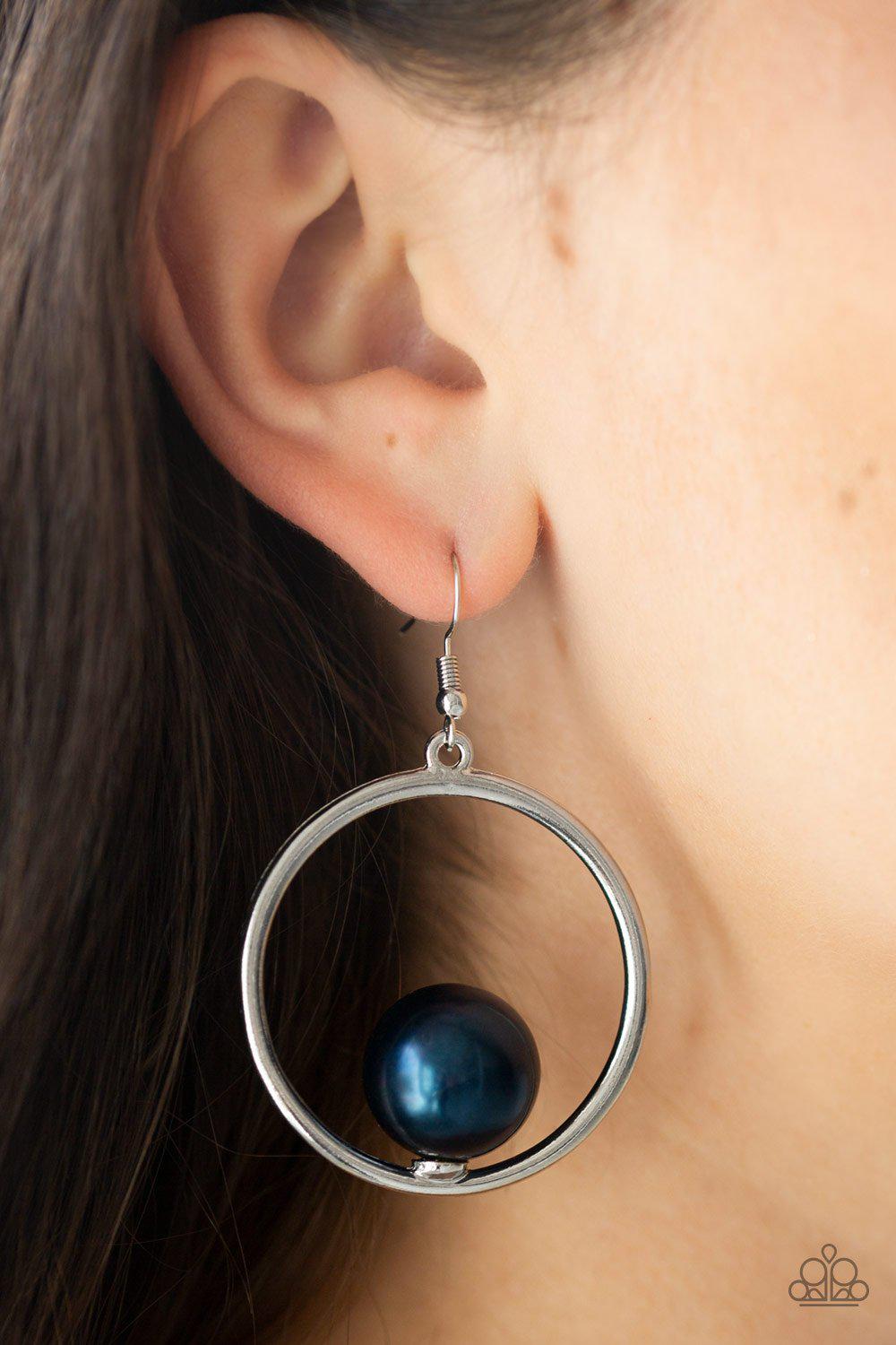 Solitaire REFINEMENT Blue Pearl Earrings - Paparazzi Accessories - model -CarasShop.com - $5 Jewelry by Cara Jewels