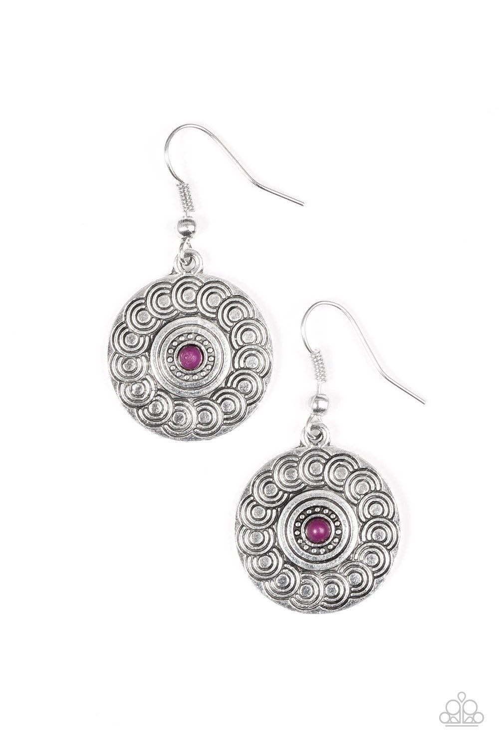 Sonoran Spiral Silver and Purple Earrings - Paparazzi Accessories-CarasShop.com - $5 Jewelry by Cara Jewels