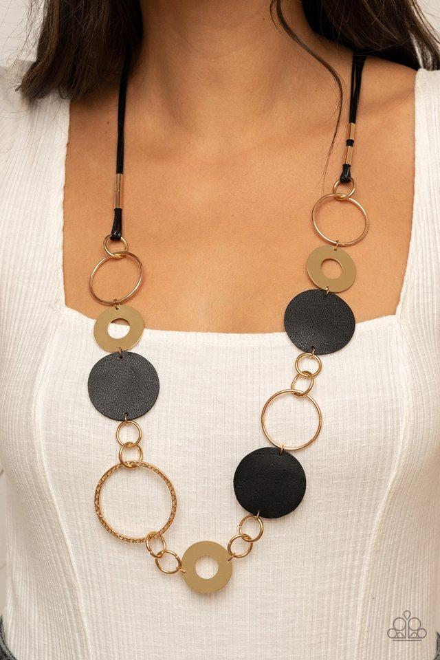 Sooner or LEATHER Black and Gold Necklace - Paparazzi Accessories - model -CarasShop.com - $5 Jewelry by Cara Jewels