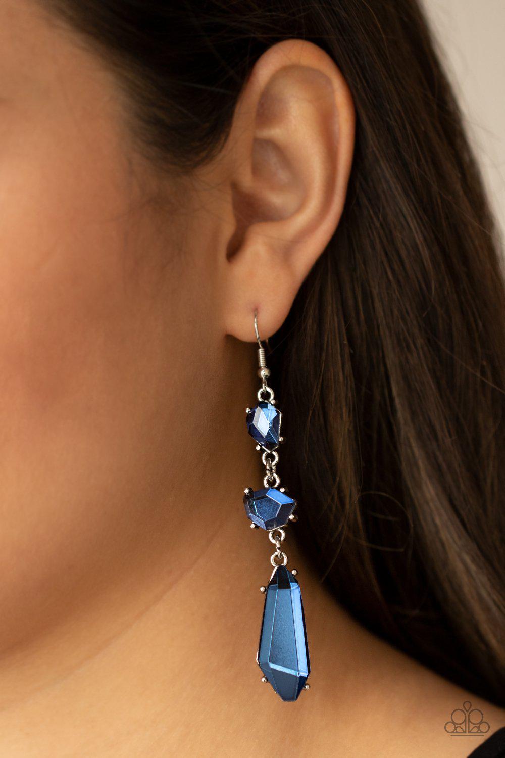 Sophisticated Smolder Blue Rhinestone Earrings - Paparazzi Accessories- model - CarasShop.com - $5 Jewelry by Cara Jewels