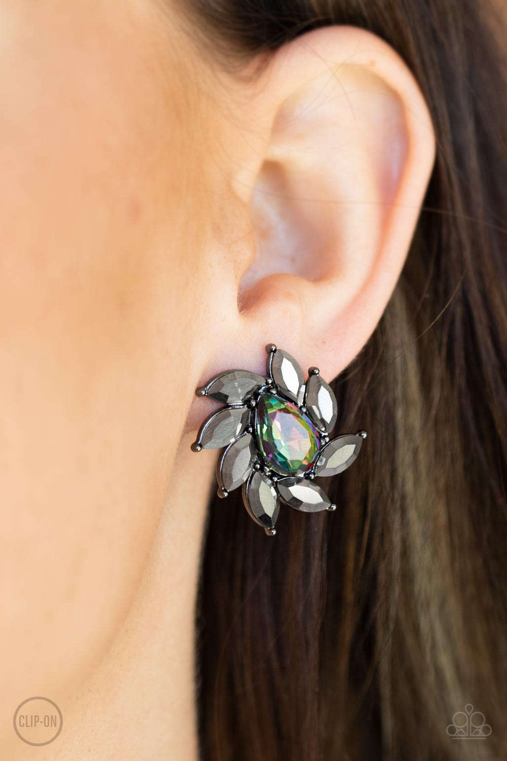 Sophisticated Swirl Multi &quot;Oil Spill&quot; Rhinestone Clip-On Earrings-on model - CarasShop.com - $5 Jewelry by Cara Jewels