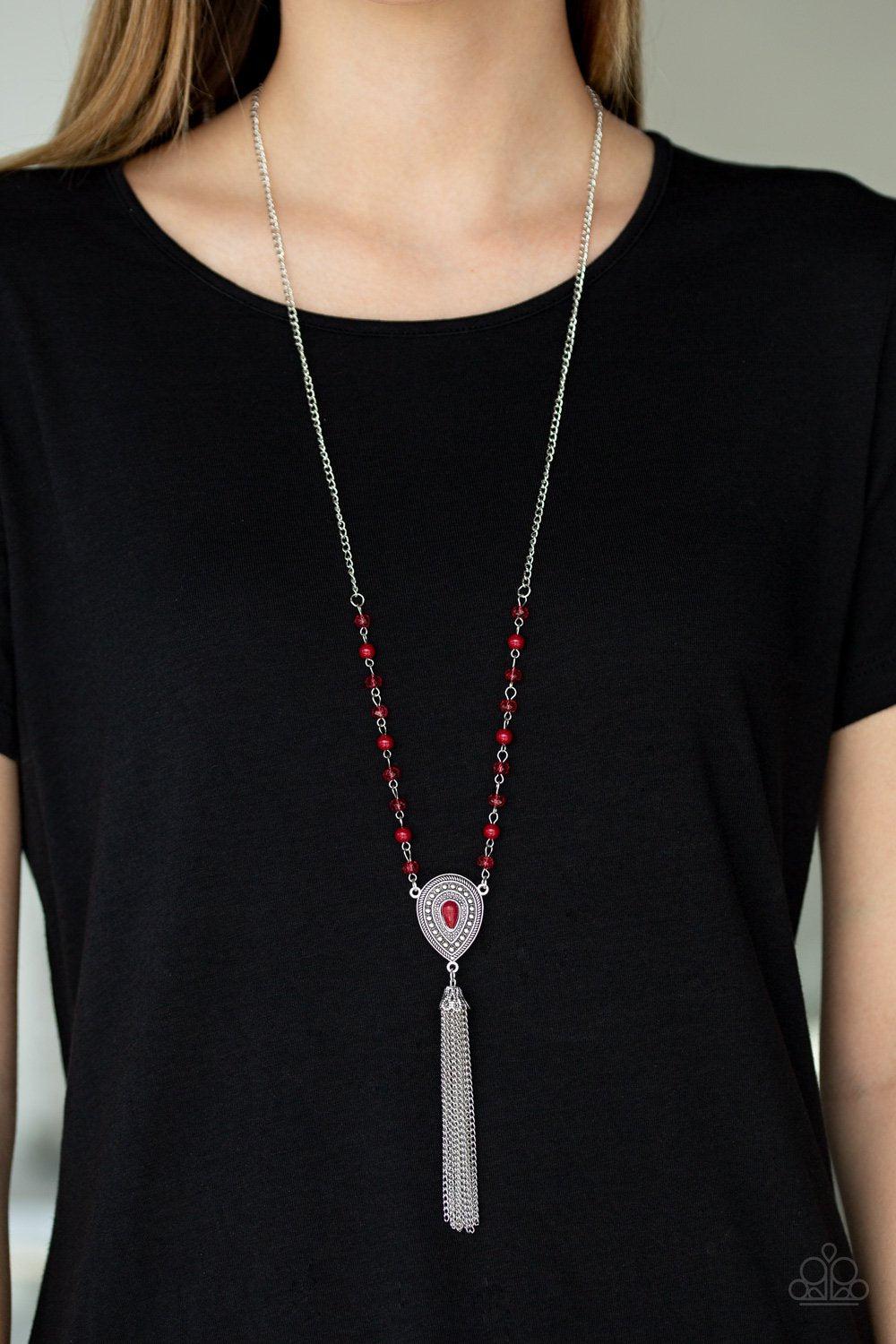 Soul Quest Red and Silver Tassel Necklace - Paparazzi Accessories - model -CarasShop.com - $5 Jewelry by Cara Jewels