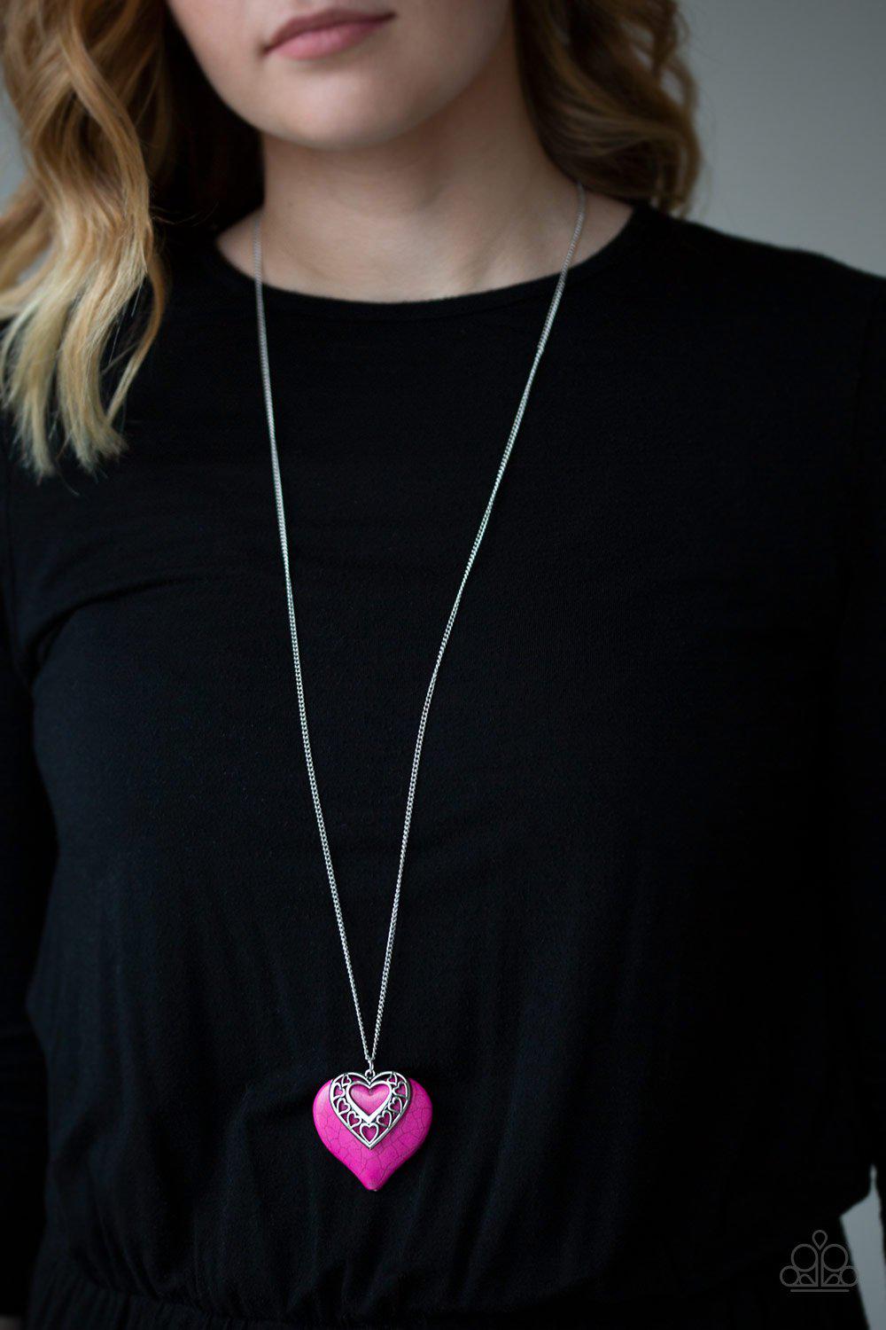 Southern Heart Pink Stone Necklace - Paparazzi Accessories-CarasShop.com - $5 Jewelry by Cara Jewels