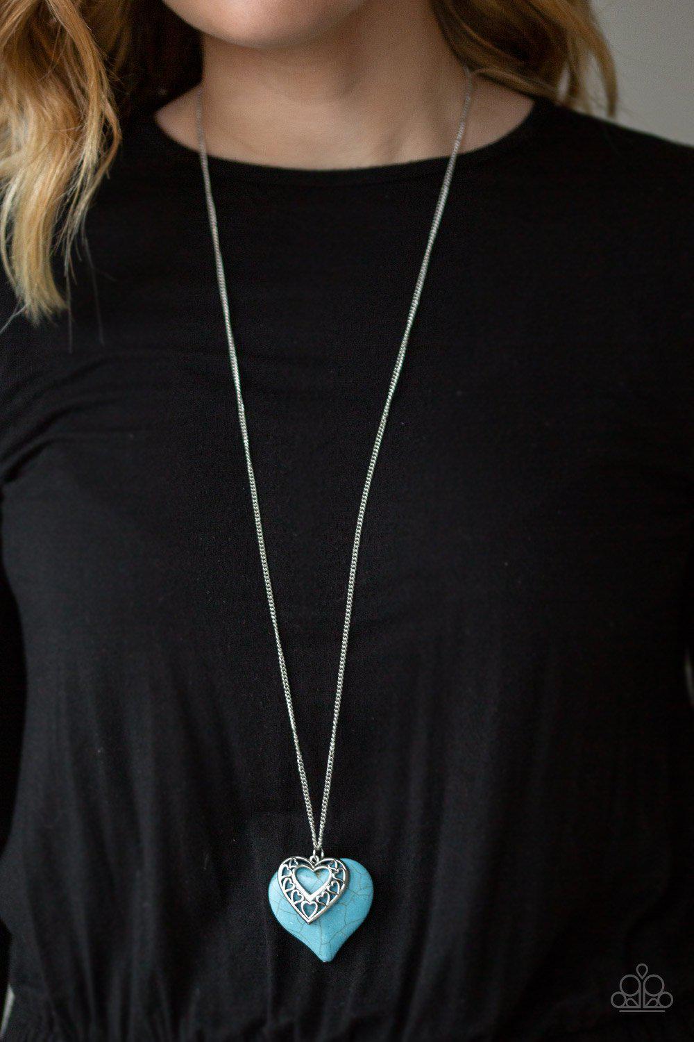 Southern Heart Turquoise Blue Stone Necklace and matching Earrings - Paparazzi Accessories-CarasShop.com - $5 Jewelry by Cara Jewels