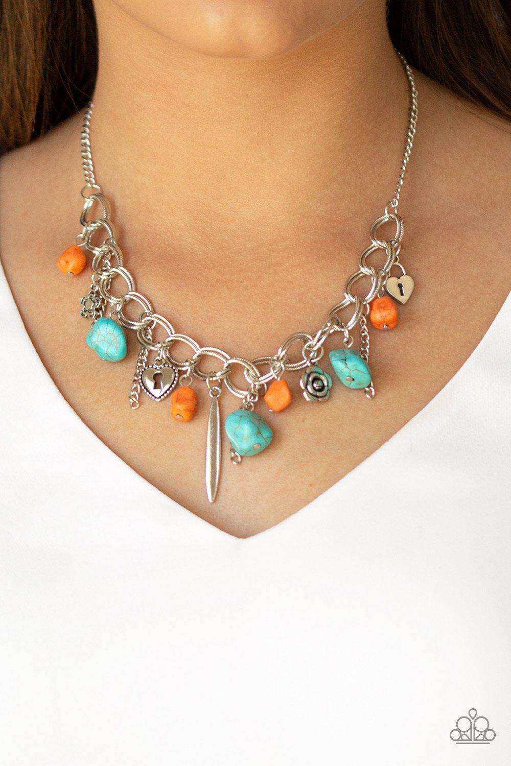 Southern Sweetheart Multi Turquoise and Orange Stone Charm Necklace - Paparazzi Accessories- model - CarasShop.com - $5 Jewelry by Cara Jewels
