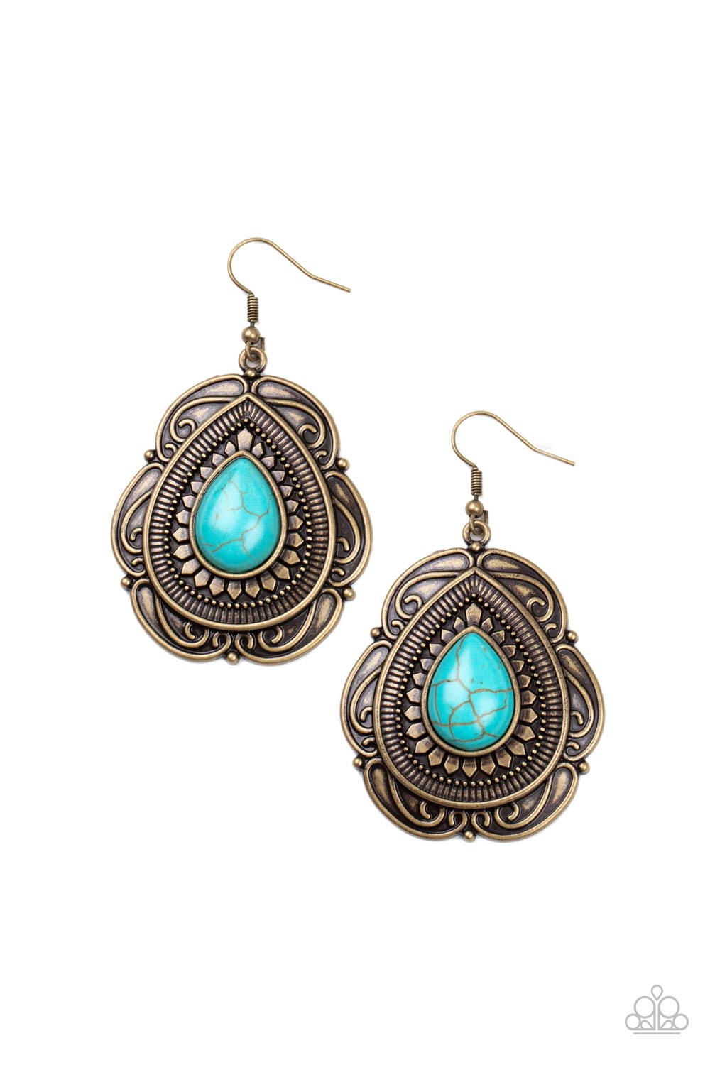 Southwestern Soul Brass and Turquoise Blue Stone Earrings - Paparazzi Accessories- lightbox - CarasShop.com - $5 Jewelry by Cara Jewels