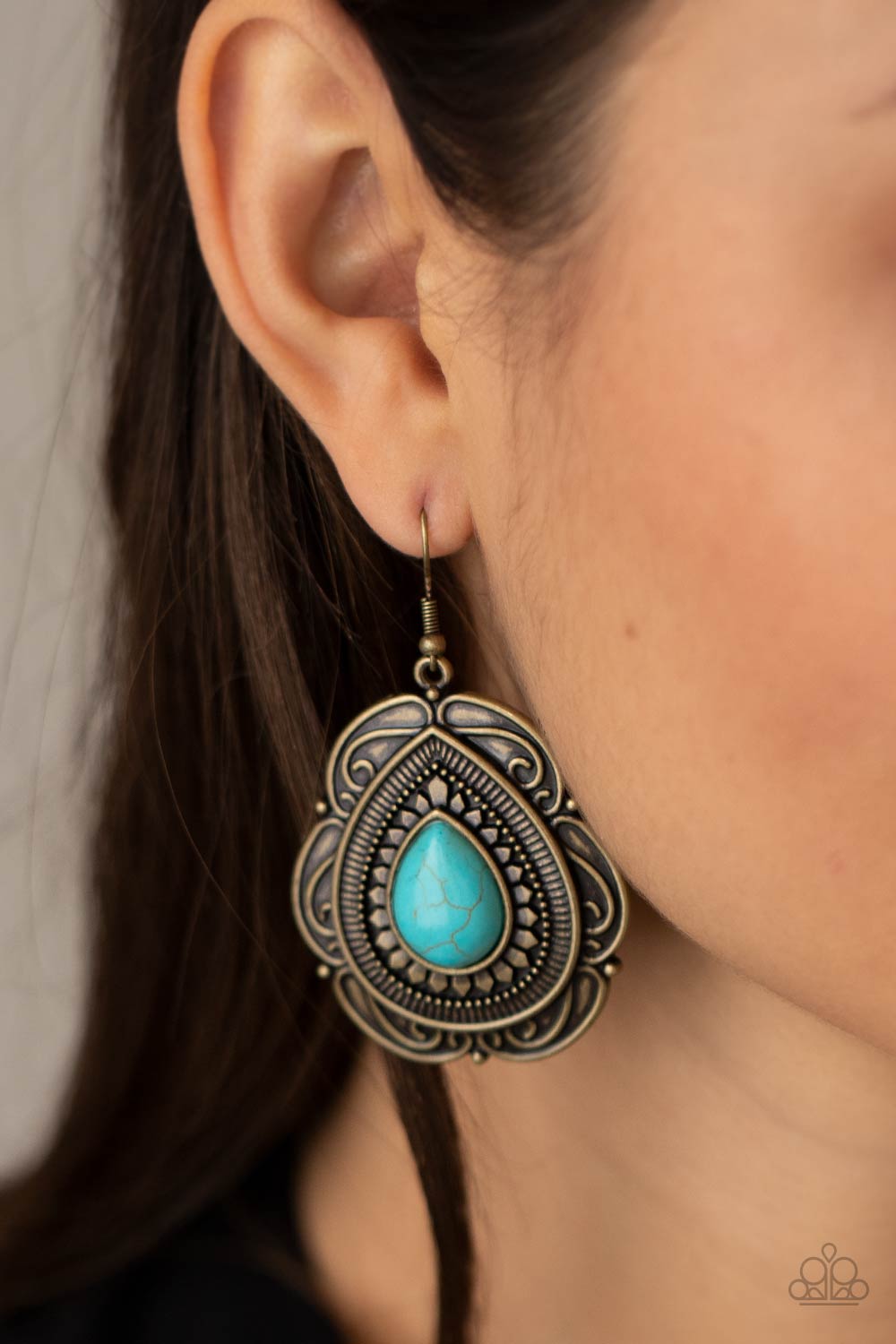 Southwestern Soul Brass and Turquoise Blue Stone Earrings - Paparazzi Accessories-on model - CarasShop.com - $5 Jewelry by Cara Jewels