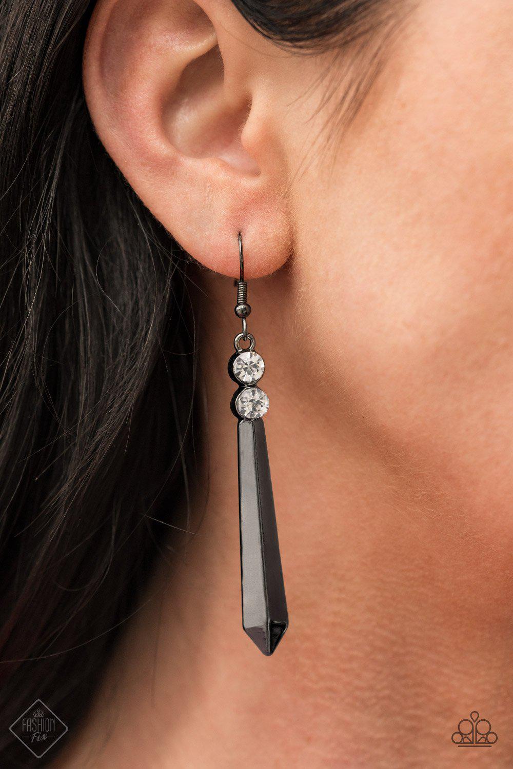 Sparkle Stream Gunmetal Black and White Rhinestone Earrings - Paparazzi Accessories- model - CarasShop.com - $5 Jewelry by Cara Jewels