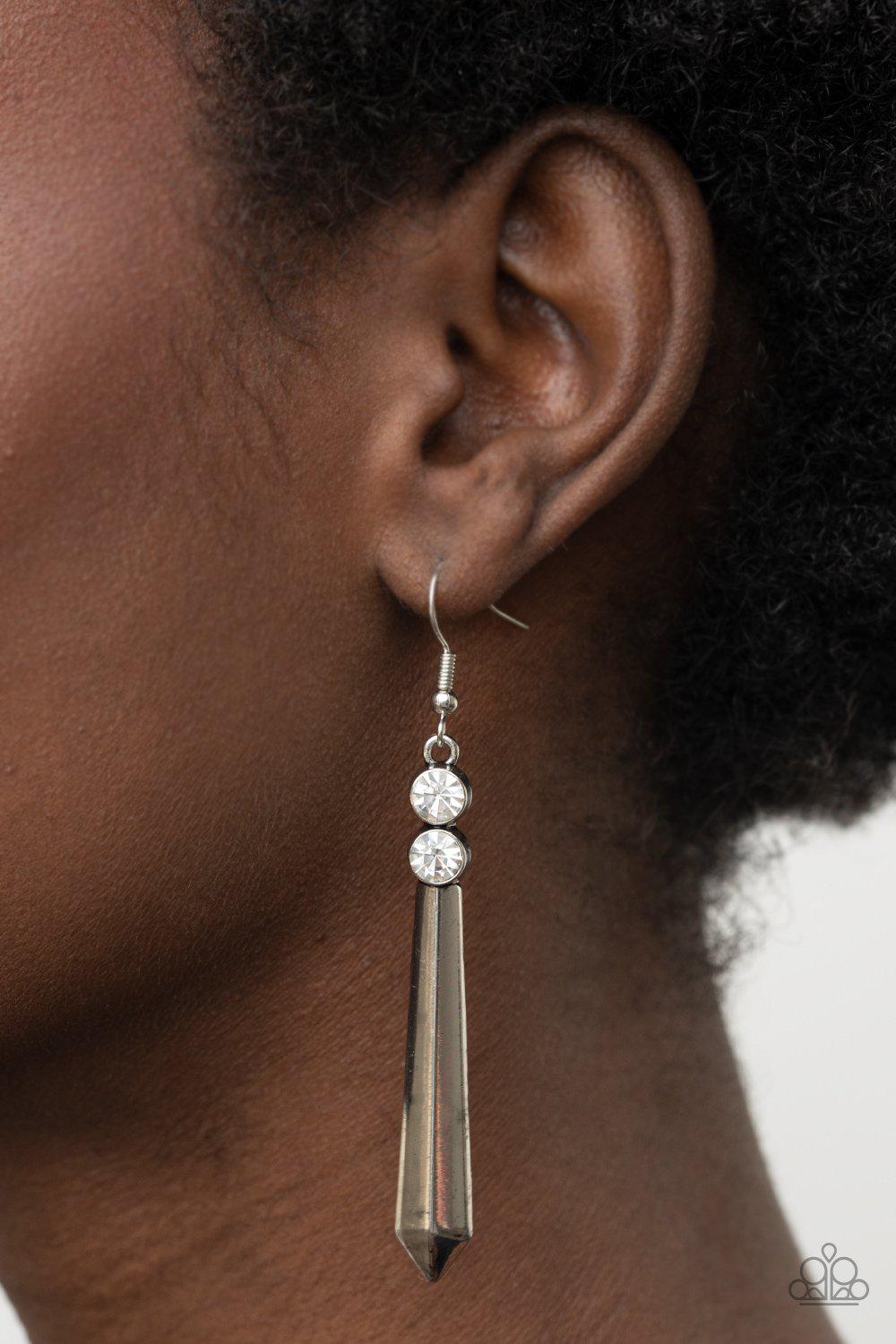 Sparkle Stream White Rhinestone and Silver Earrings - Paparazzi Accessories- model - CarasShop.com - $5 Jewelry by Cara Jewels