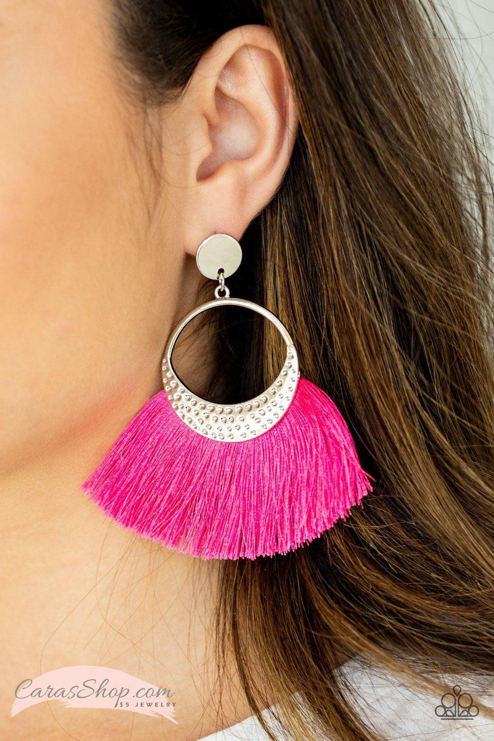 Spartan Spirit - Hot Pink Fringe Earrings - Paparazzi Accessories-CarasShop.com - $5 Jewelry by Cara Jewels