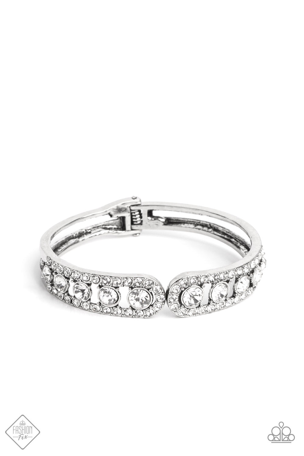 Spellbinding Splendor White Rhinestone Hinged Bracelet - Paparazzi Accessories- lightbox - CarasShop.com - $5 Jewelry by Cara Jewels