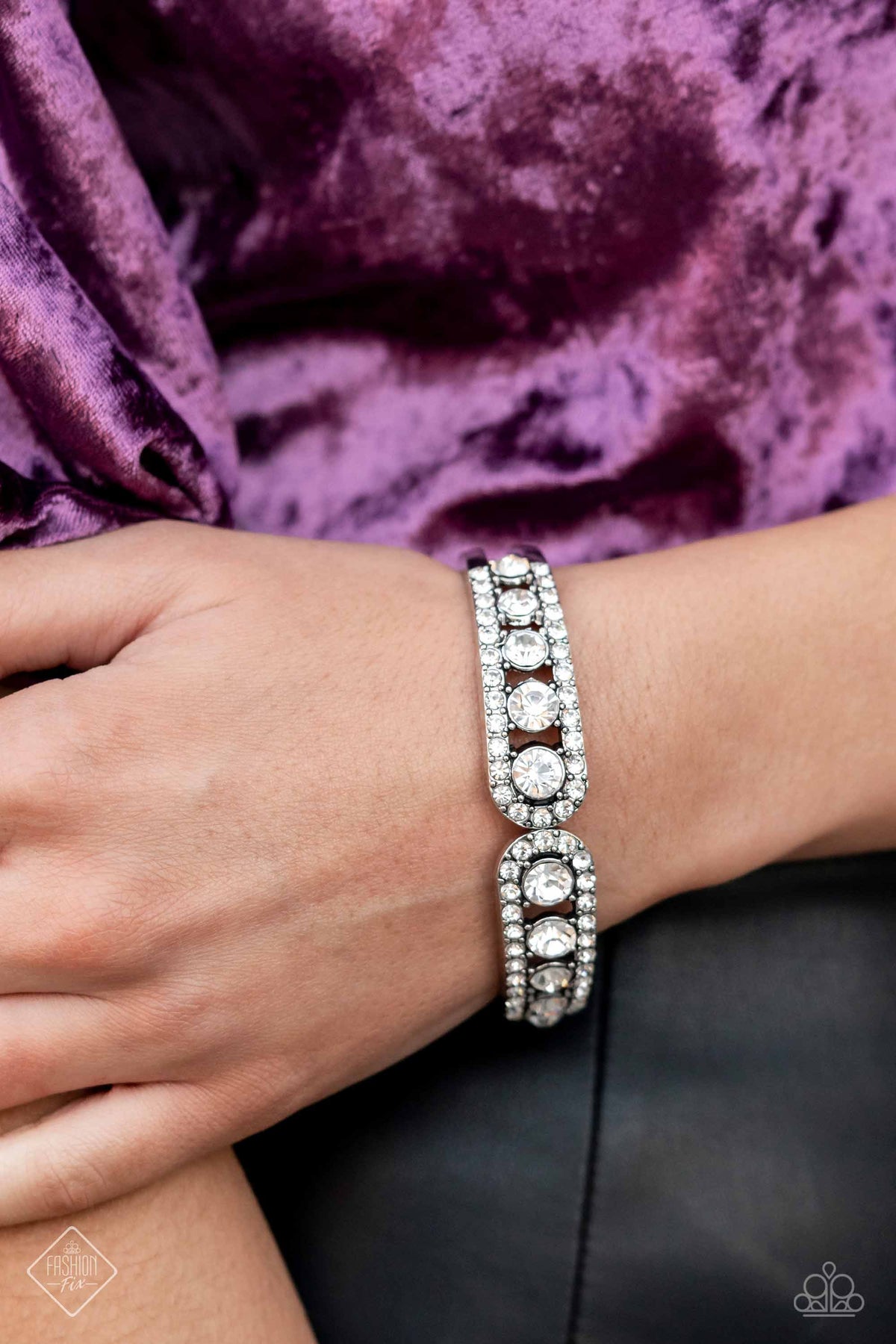 Spellbinding Splendor White Rhinestone Hinged Bracelet - Paparazzi Accessories-on model - CarasShop.com - $5 Jewelry by Cara Jewels