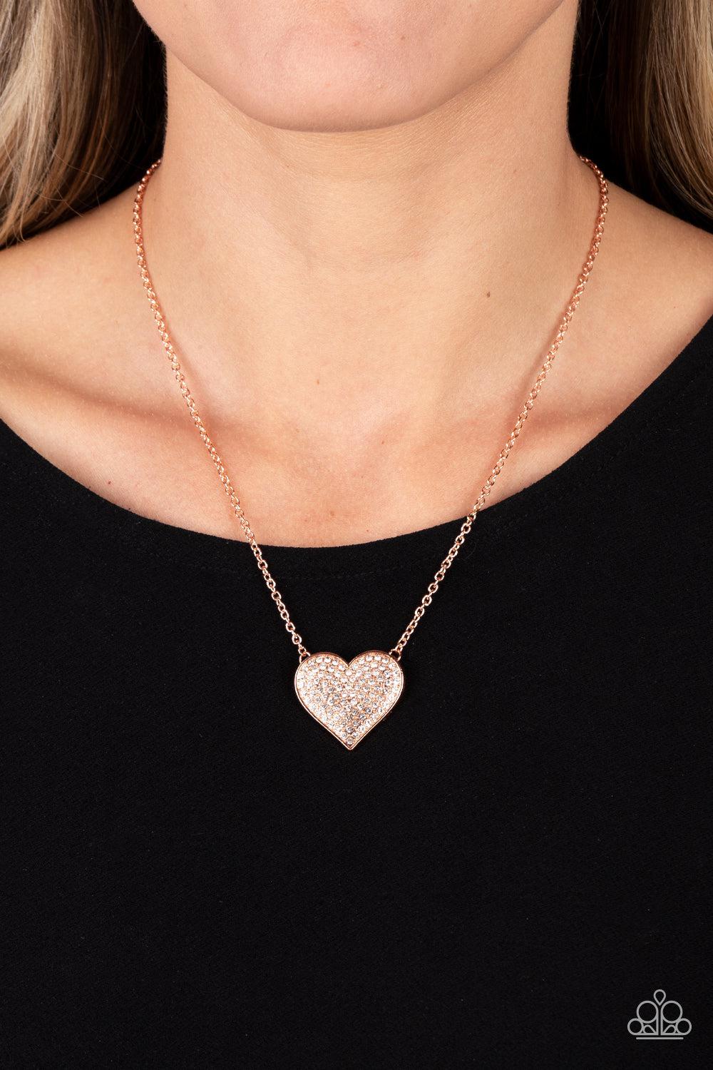 Spellbinding Sweetheart Copper &amp; White Rhinestone Heart Necklace - Paparazzi Accessories-on model - CarasShop.com - $5 Jewelry by Cara Jewels