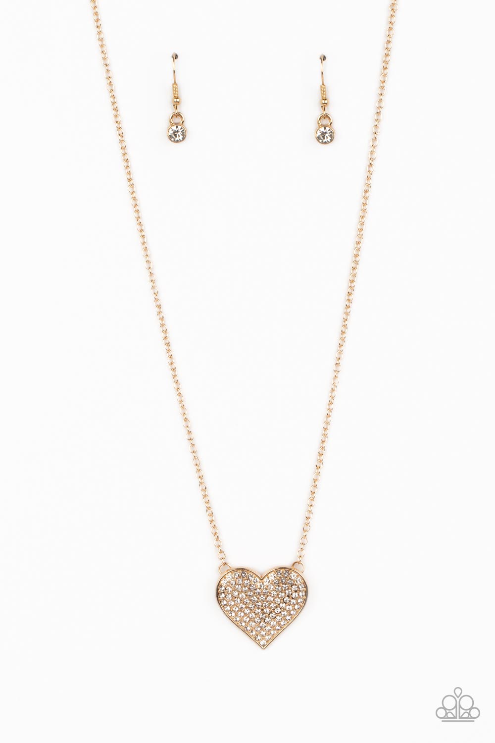 Spellbinding Sweetheart Gold & White Rhinestone Heart Necklace - Paparazzi Accessories- lightbox - CarasShop.com - $5 Jewelry by Cara Jewels