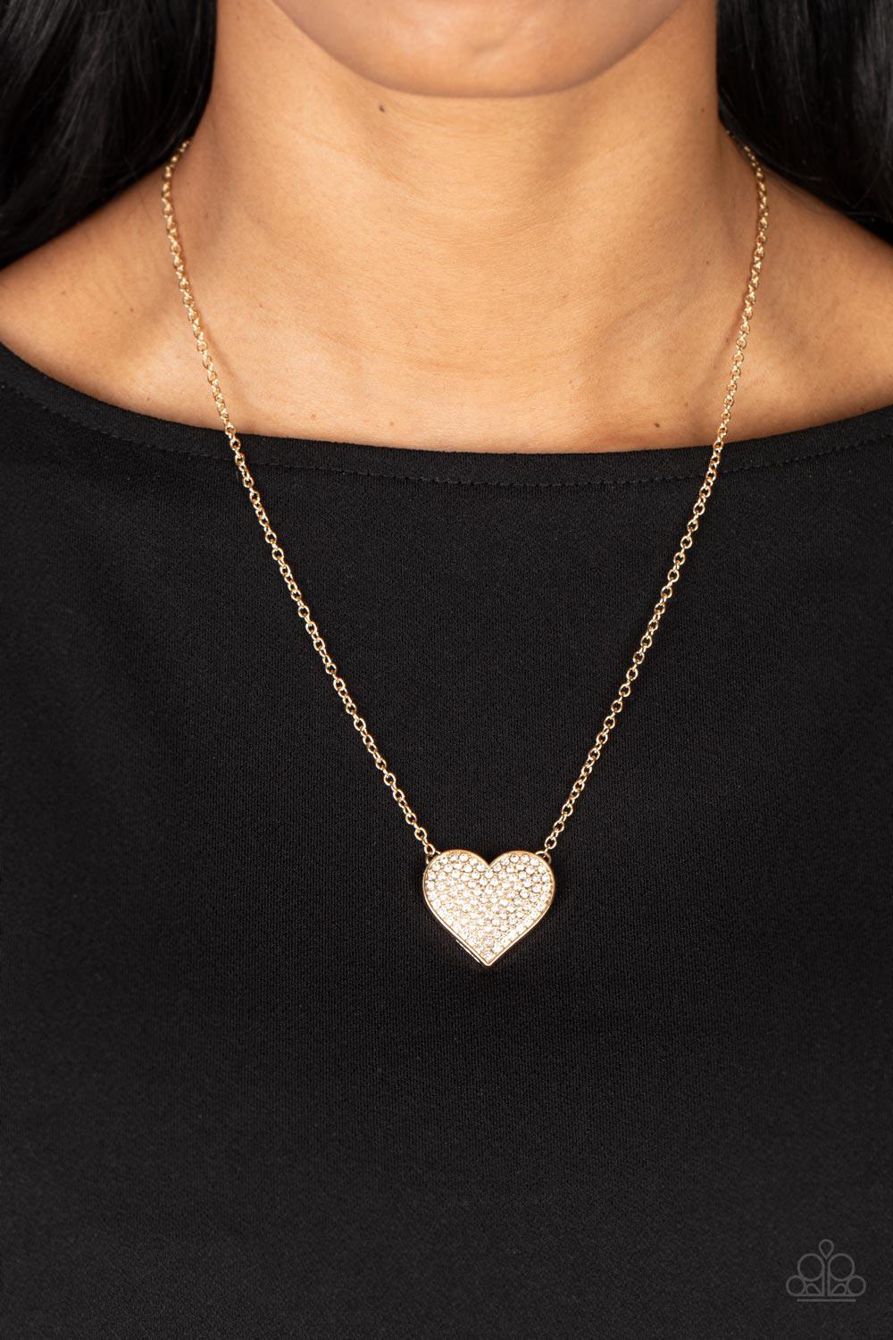 Spellbinding Sweetheart Gold &amp; White Rhinestone Heart Necklace - Paparazzi Accessories-on model - CarasShop.com - $5 Jewelry by Cara Jewels
