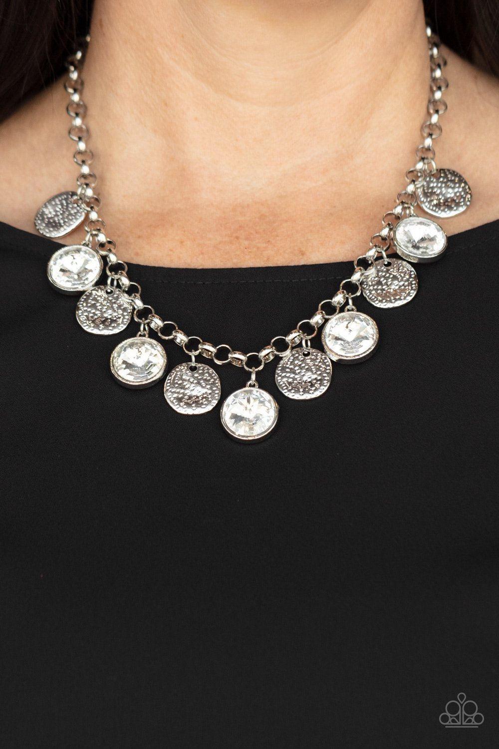 Spot On Sparkle White Rhinestone and Silver Necklace - Paparazzi Accessories 2021 Convention Exclusive- model - CarasShop.com - $5 Jewelry by Cara Jewels