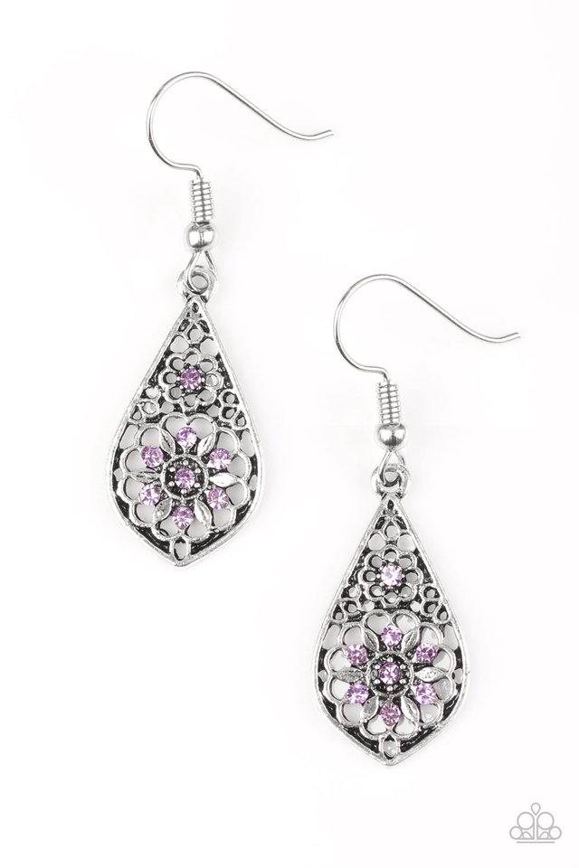 Spring Sparkle Purple Flower Earrings - Paparazzi Accessories-CarasShop.com - $5 Jewelry by Cara Jewels